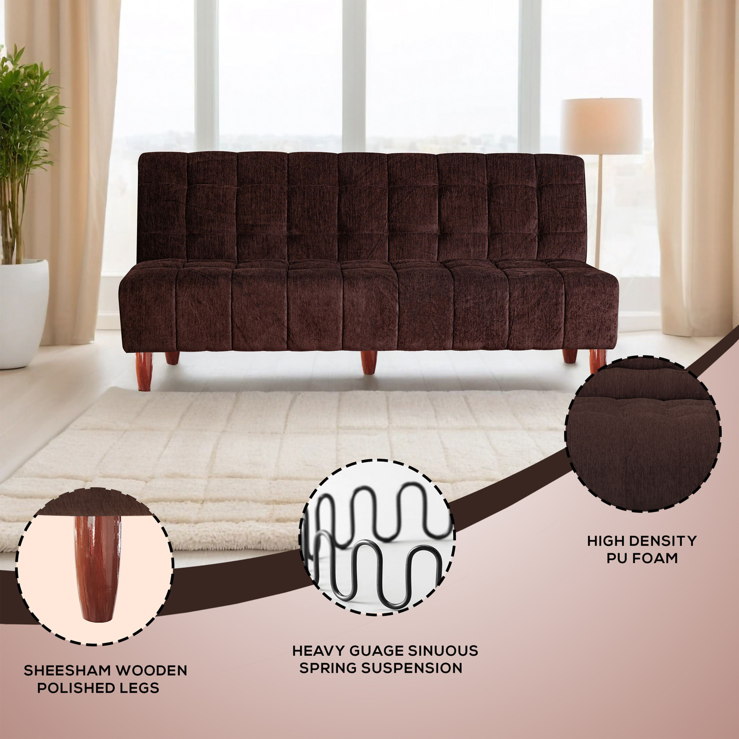 Image of Seventh Heaven Florida 4 Seater Wooden Sofa cum Bed, Chenille Molfino Fabric 78x44x16 4 Seater Single Solid Wood Pull Out Sofa Cum Bed