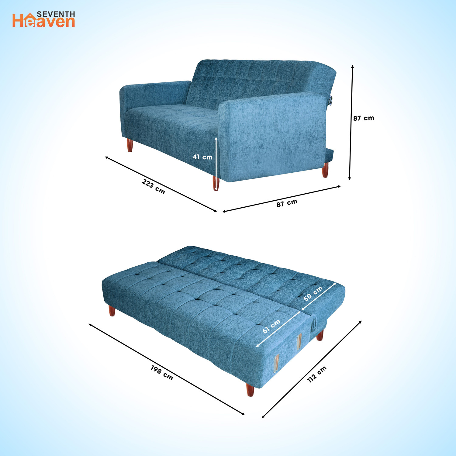 Image of Seventh Heaven Lisbon 4 Seater Wooden Sofa cum Bed, Chenille Molfino Fabric 78x44x16 4 Seater Single Solid Wood Pull Out Sofa Cum Bed