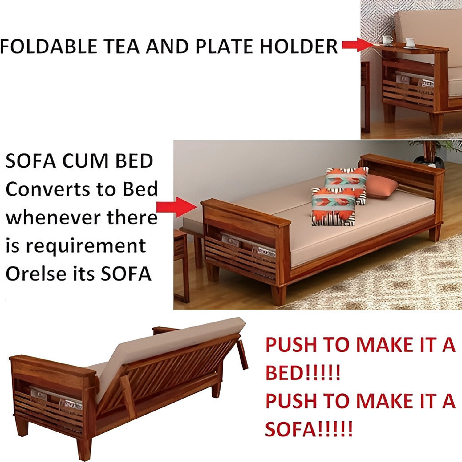 Image of SIDDH Solid Sheesham Wood Foldout 3 Seater Sofa Bed For Living Room, Bedroom, Hotel. 3 Seater Double Solid Wood Fold Out Sofa Cum Bed
