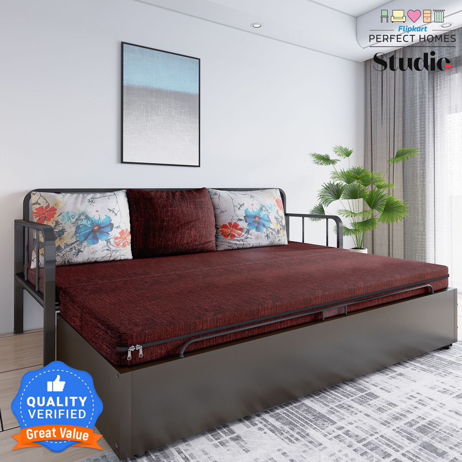 Image of Flipkart Perfect Homes Studio With Storage 3 Seater Double Metal Pull Out Sofa Cum Bed