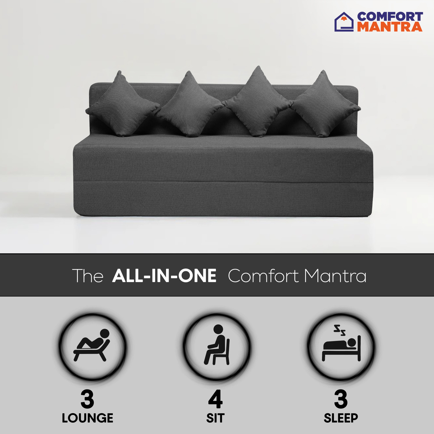 Image of Comfort Mantra 4 Seater 6*6 Jute Fabric Washable Cover Sofa cum Bed with 4 Cushions 4 Seater Double Foam Fold Out Sofa Cum Bed