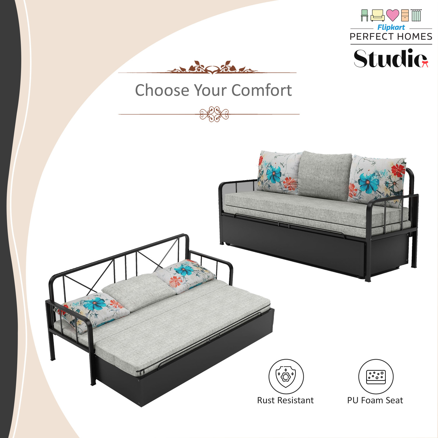 Image of Flipkart Perfect Homes Studio With Storage 3 Seater Double Metal Pull Out Sofa Cum Bed