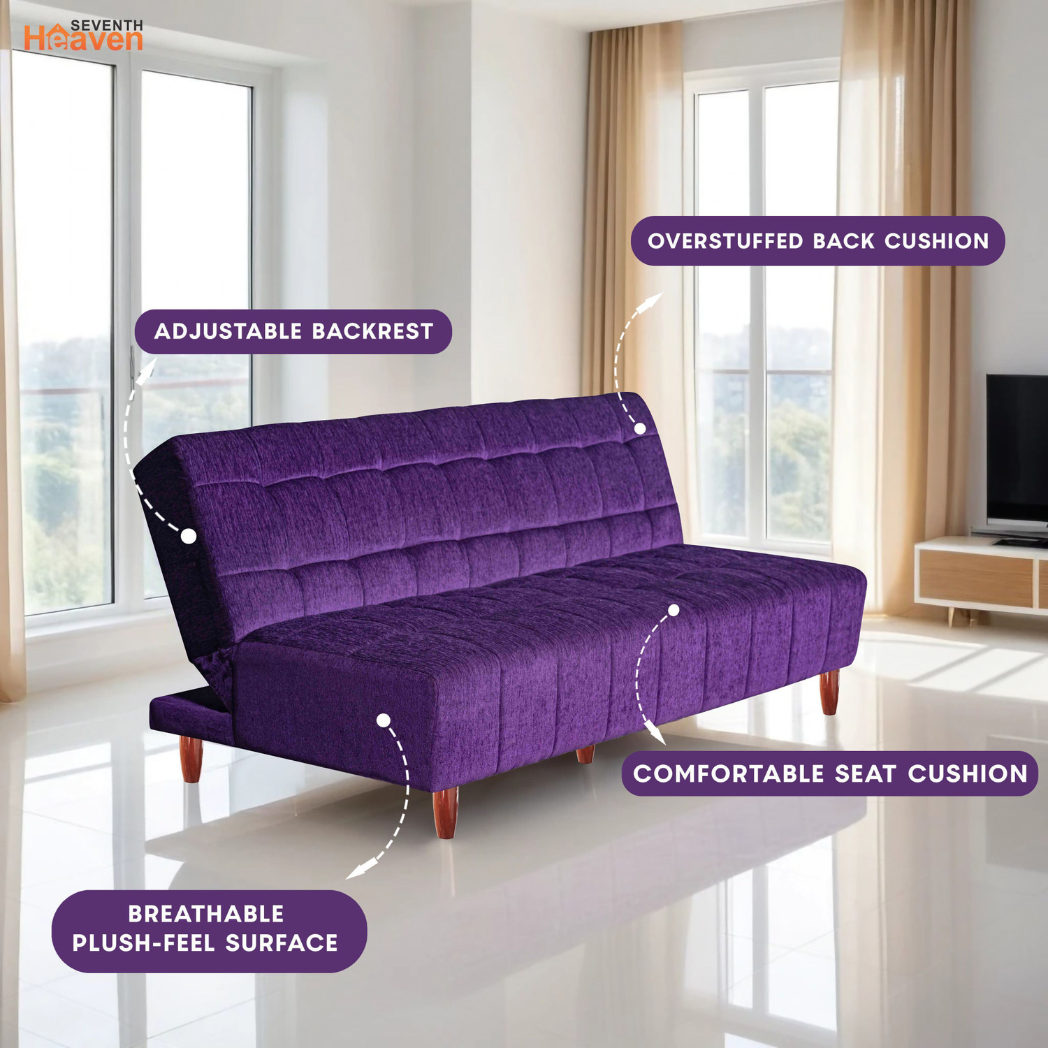 Image of Seventh Heaven Florida 4 Seater Wooden Sofa cum Bed, Chenille Molfino Fabric 78x44x16 4 Seater Single Solid Wood Pull Out Sofa Cum Bed