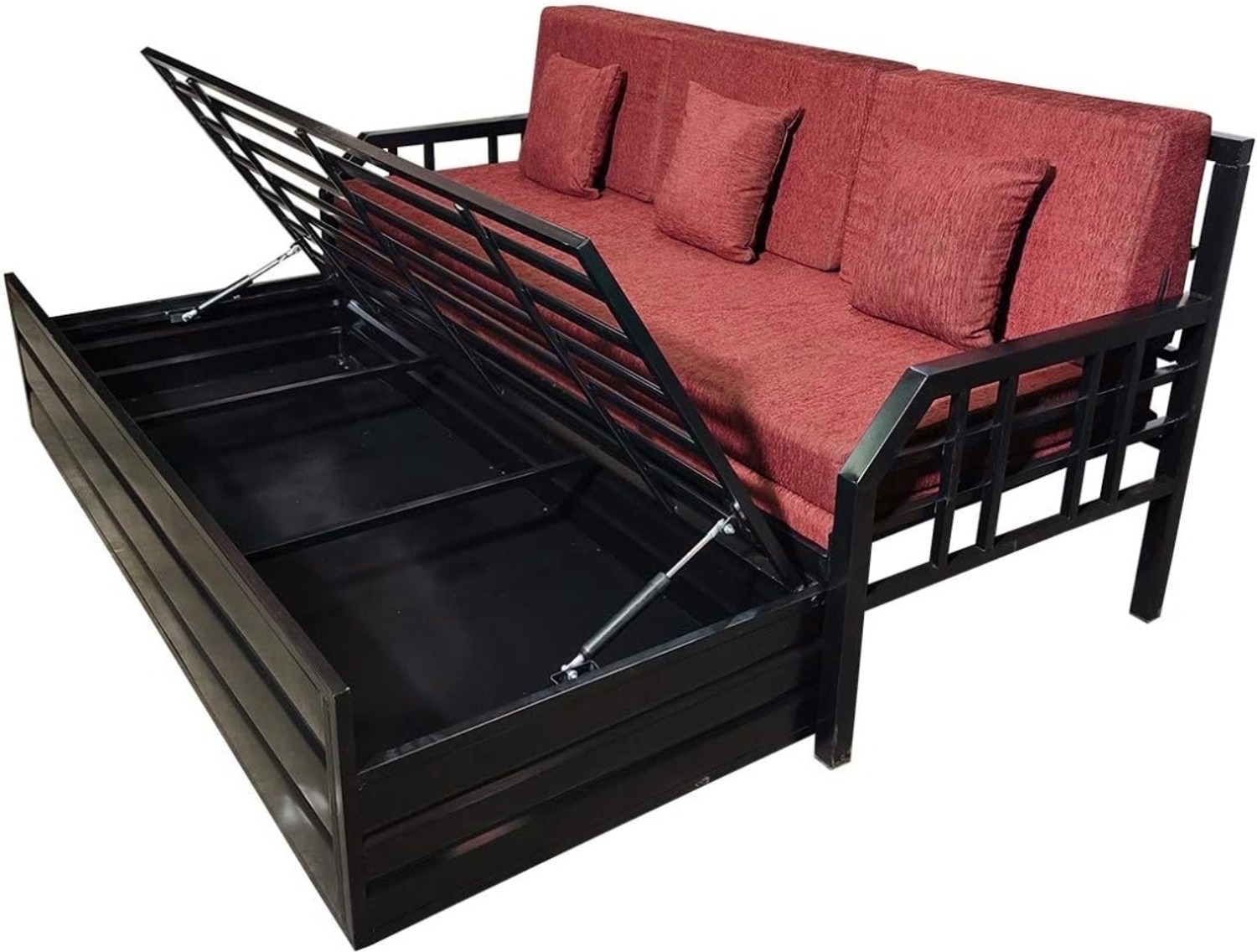 Image of The Amma Enterprises 6x6 Red Mattress 3 Seater Double Metal Pull Out Sofa Cum Bed