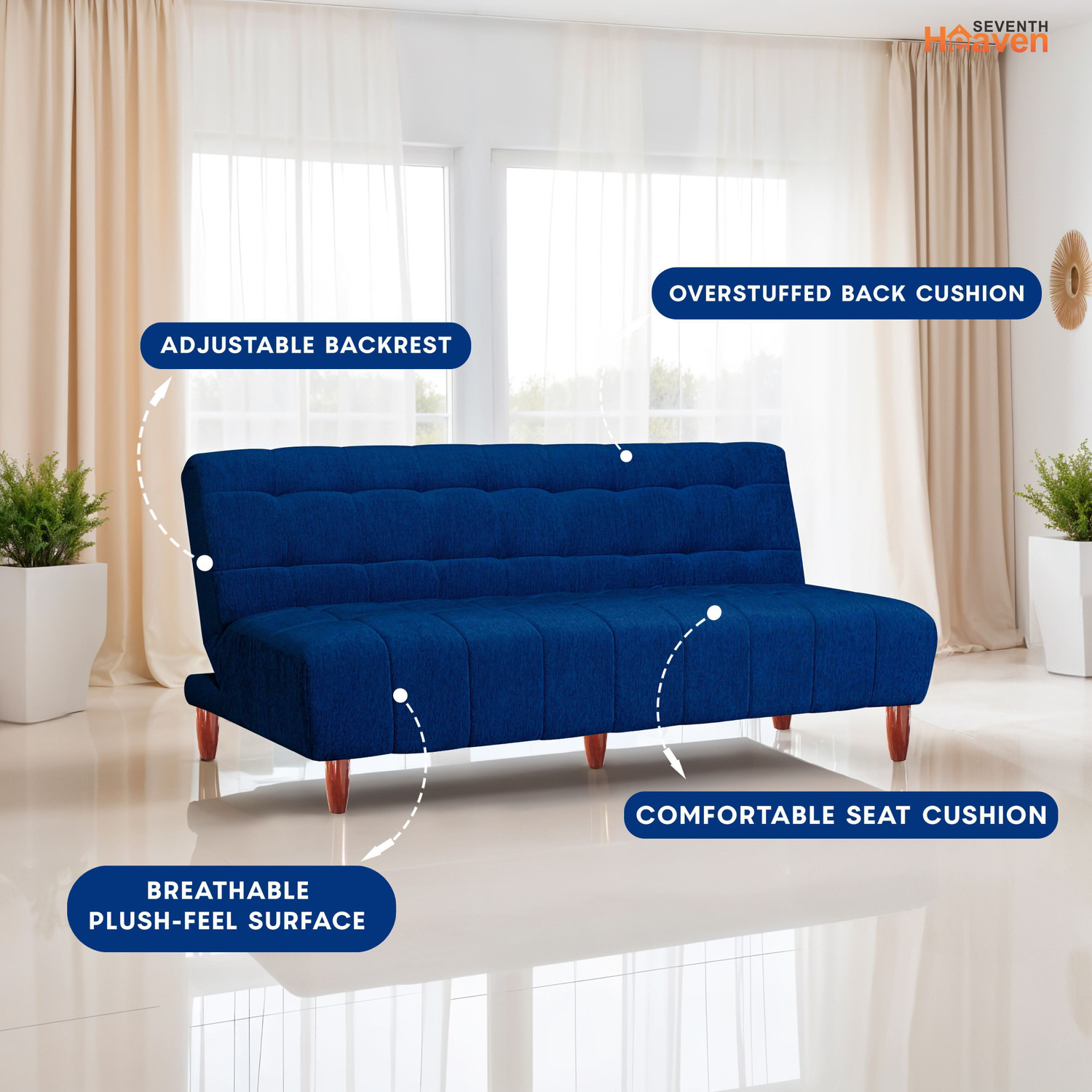 Image of Seventh Heaven Florida 4 Seater Wooden Sofa cum Bed, Chenille Molfino Fabric 78x44x16 4 Seater Single Solid Wood Pull Out Sofa Cum Bed