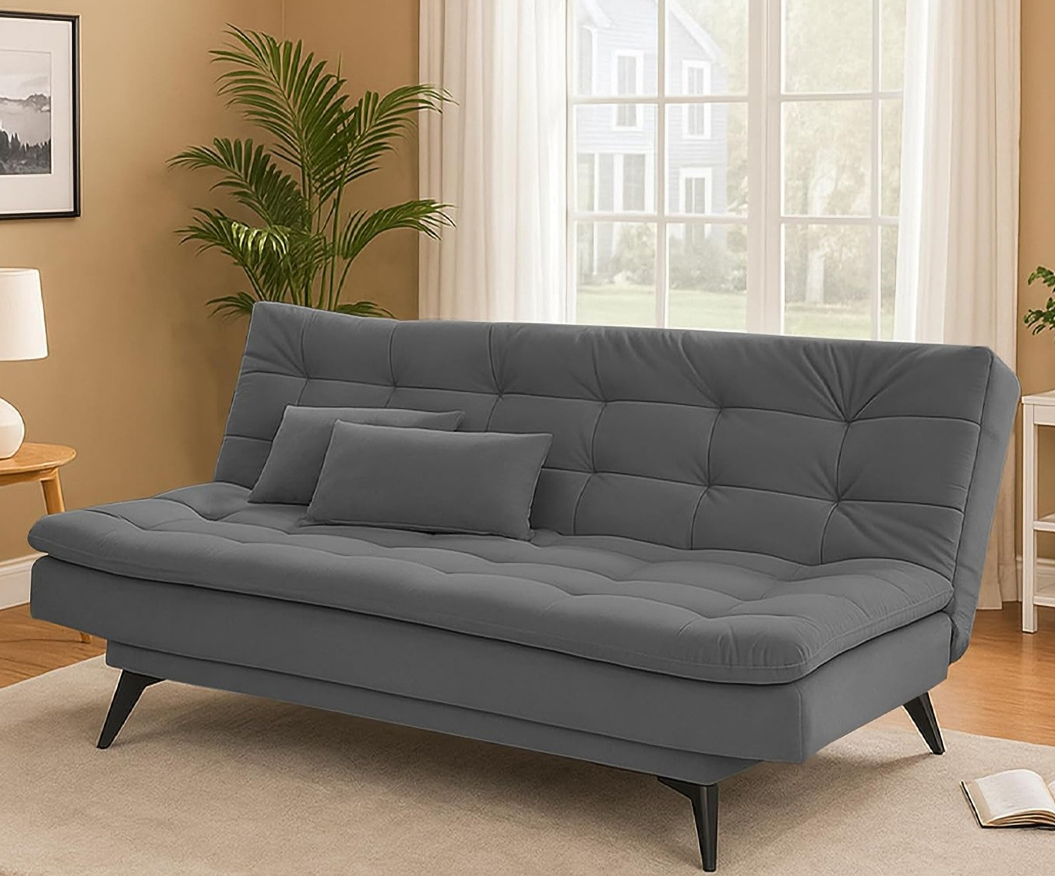 Image of MintCasa Danny 3 Seater Sofa Cum Bed 3 Seater Single Solid Wood Fold Out Sofa Cum Bed (Finish Color - Dark Grey Delivery Condition - Pre-assembled)