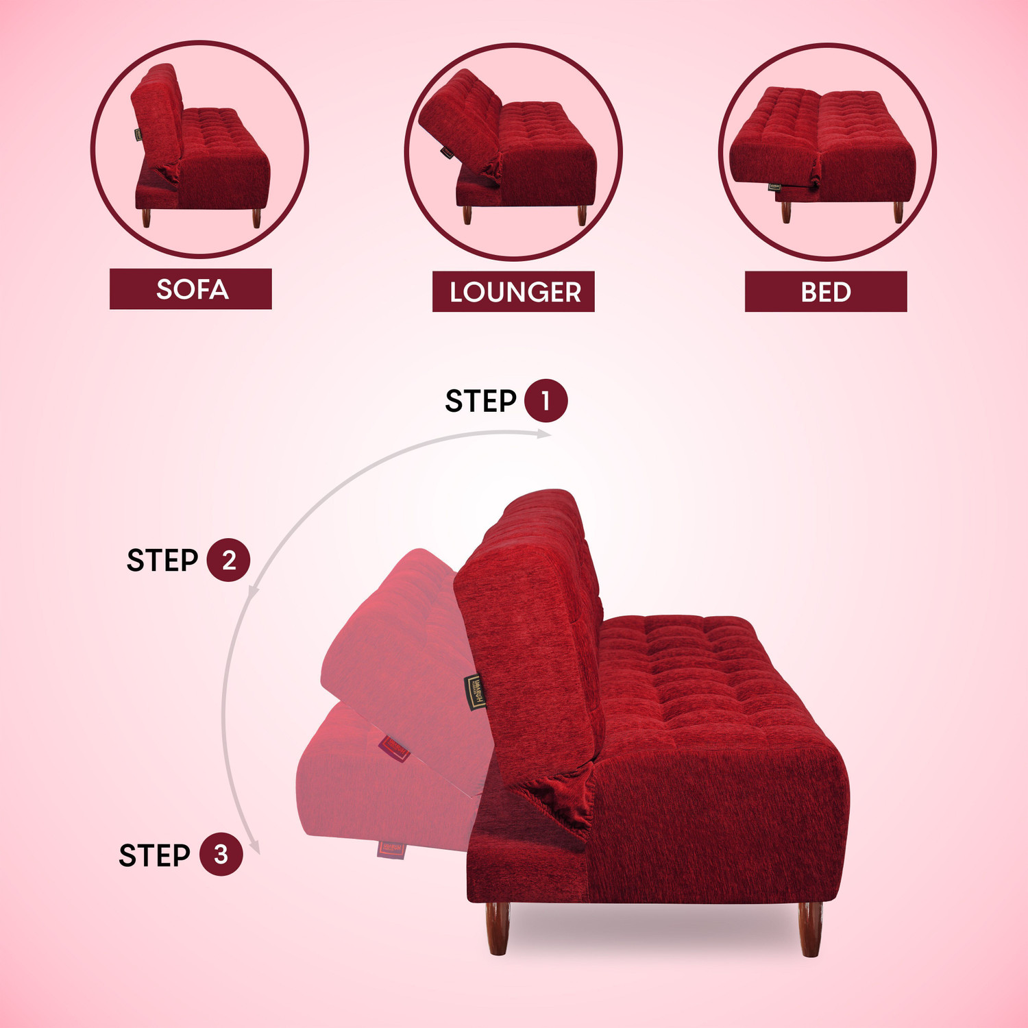Image of Seventh Heaven Florida 4 Seater Wooden Sofa cum Bed, Chenille Molfino Fabric 78x44x16 4 Seater Single Solid Wood Pull Out Sofa Cum Bed