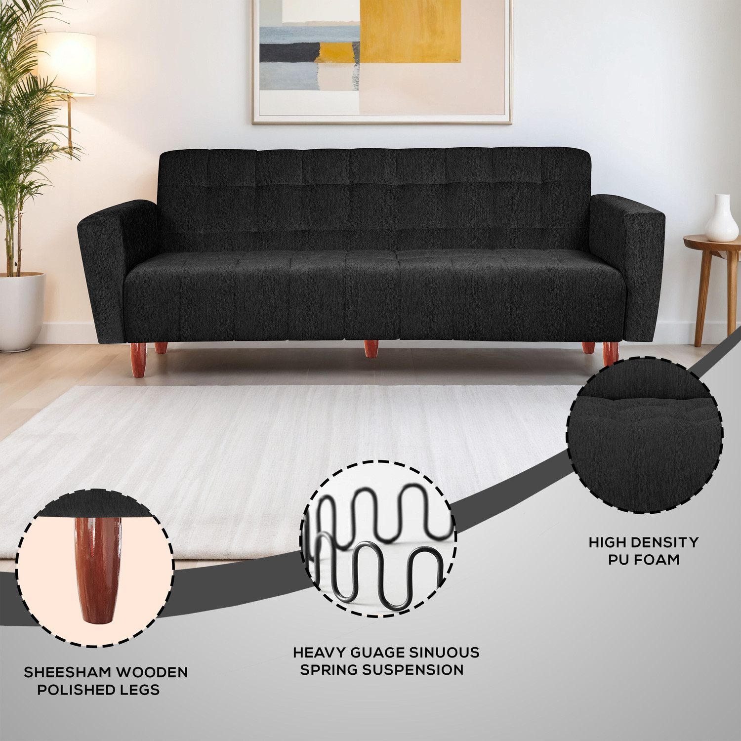 Image of Seventh Heaven Lisbon 4 Seater Wooden Sofa cum Bed, Chenille Molfino Fabric 78x44x16 4 Seater Single Solid Wood Pull Out Sofa Cum Bed