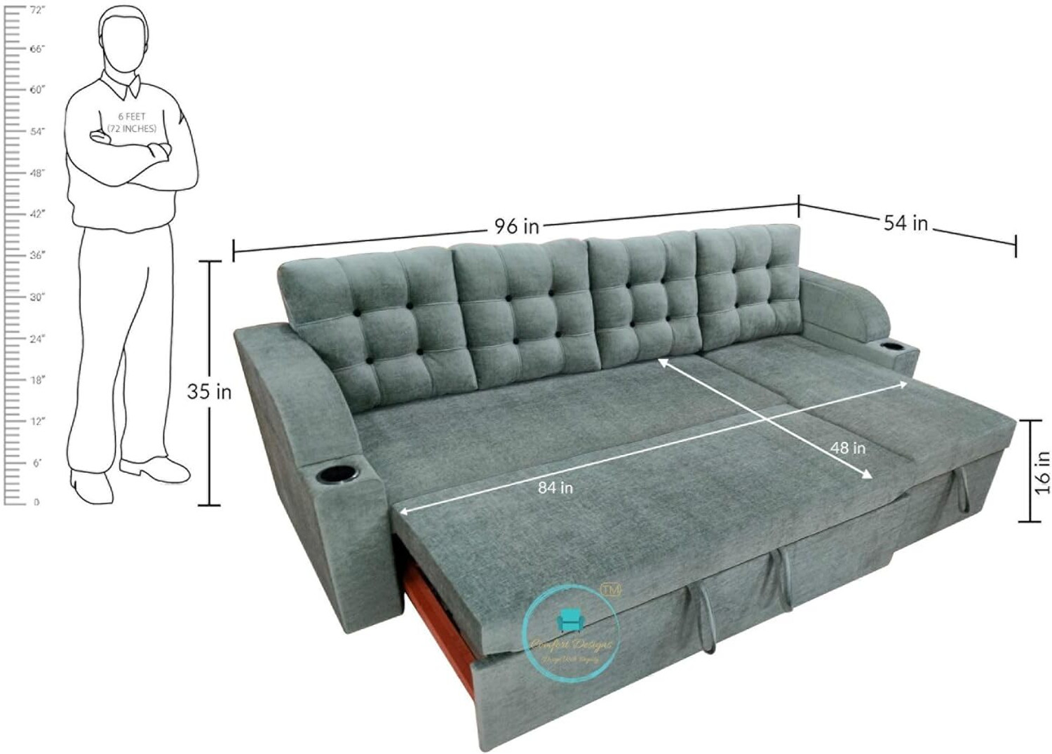 Image of CASPIAN L Shape Sofa Cum Double Bed (Left lounger) with Storage for Home & Living Room 5 Seater Double Solid Wood Pull Out Sofa Cum Bed