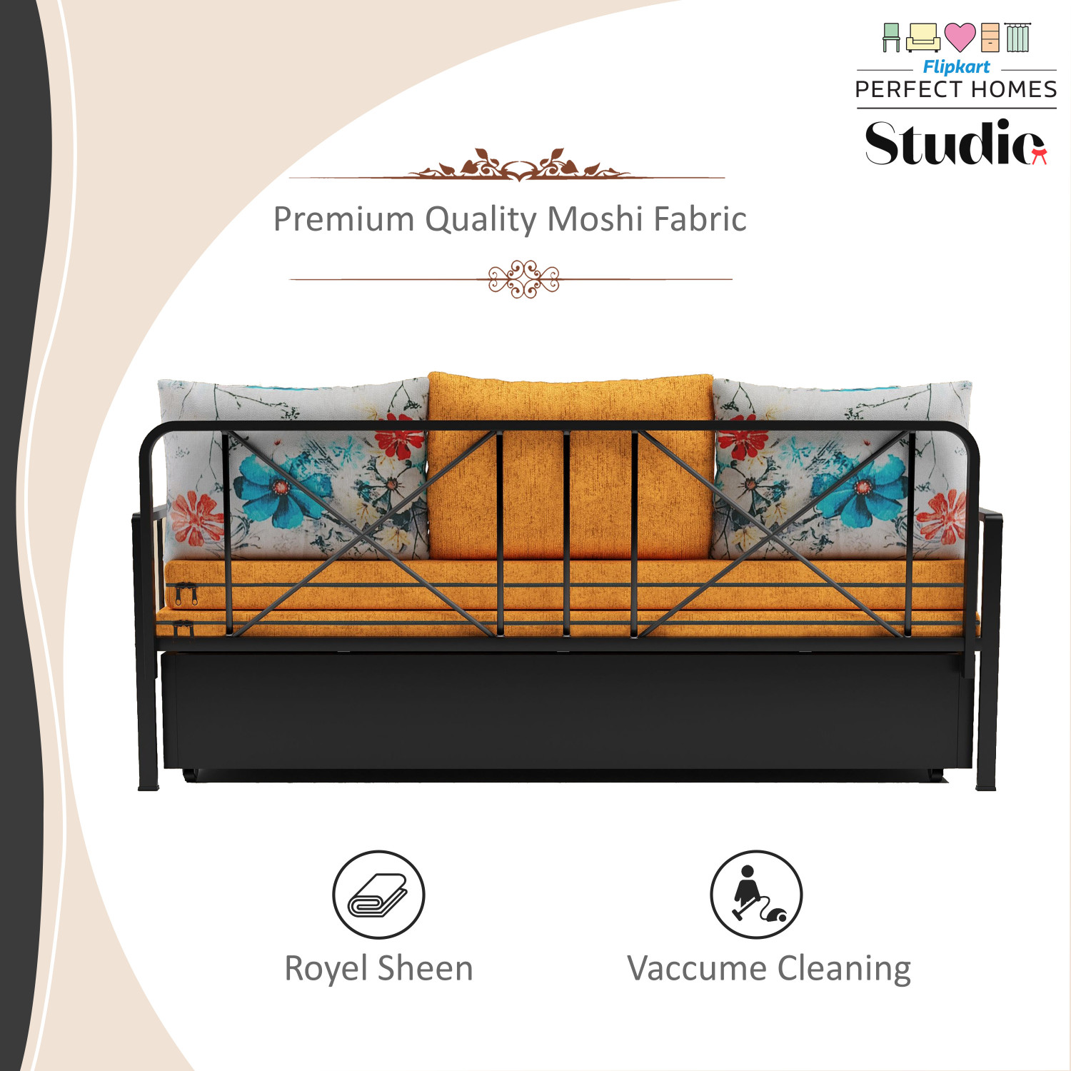 Image of Flipkart Perfect Homes Studio With Storage 3 Seater Double Metal Pull Out Sofa Cum Bed
