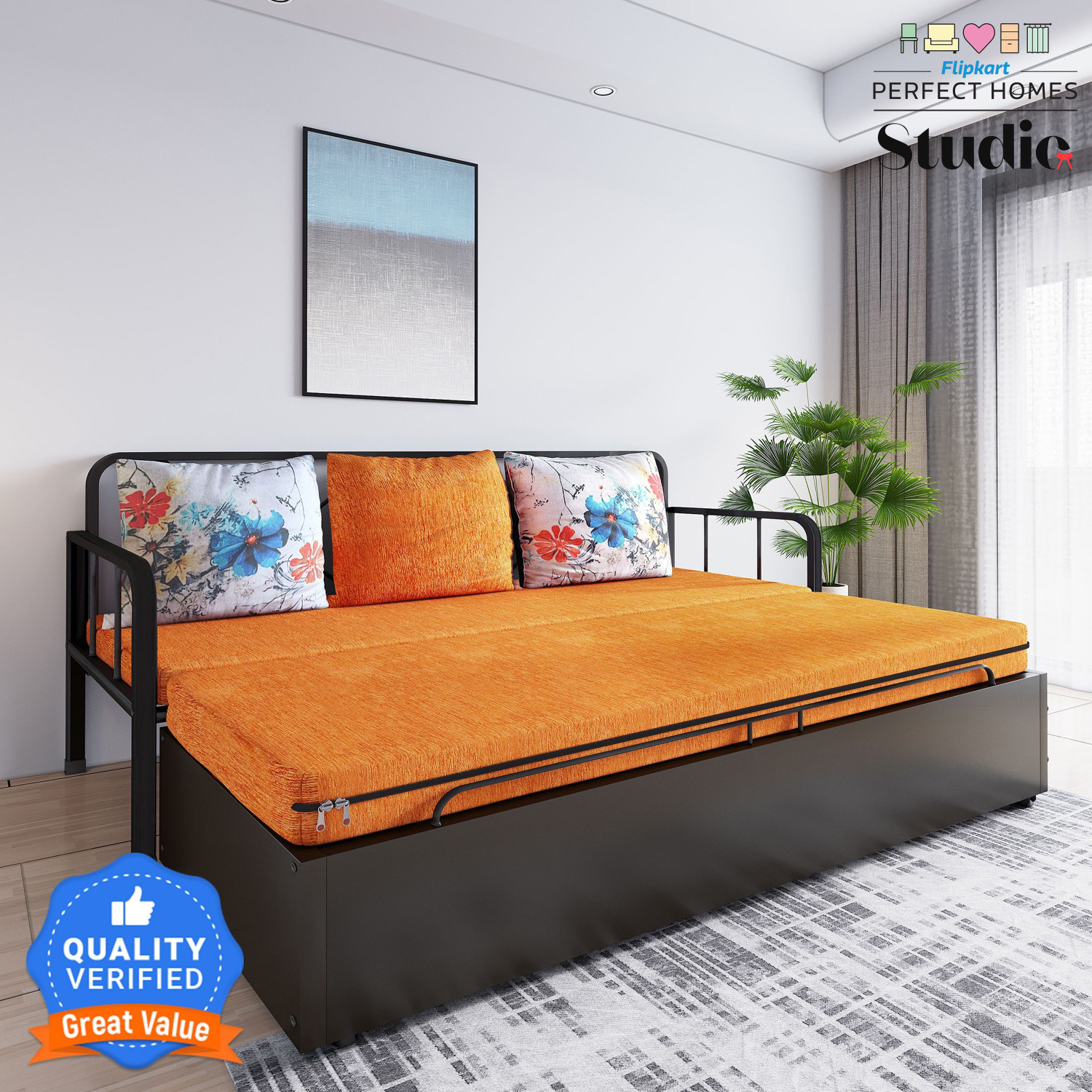 Image of Flipkart Perfect Homes Studio With Storage 3 Seater Double Metal Pull Out Sofa Cum Bed