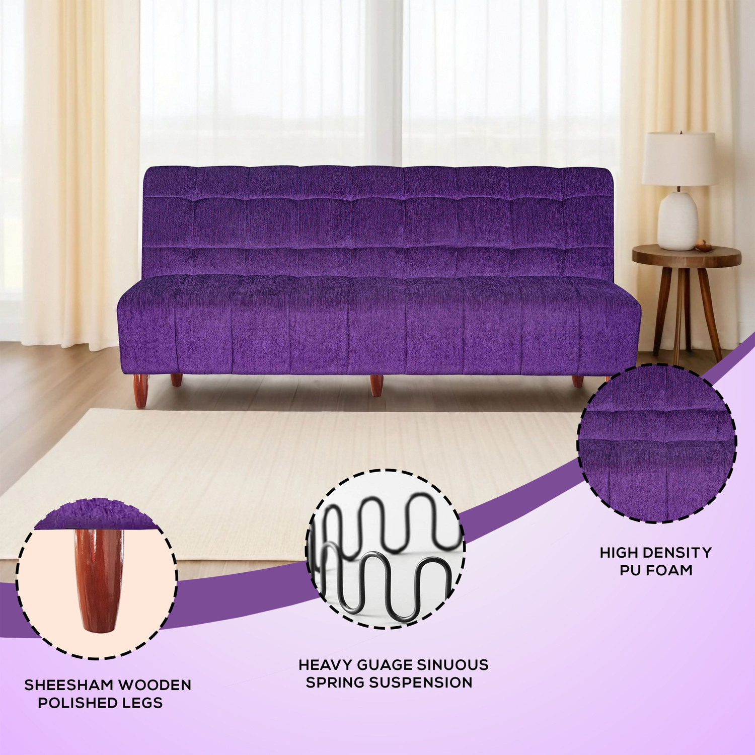 Image of Seventh Heaven Florida, Chenille Molfino Fabric 72x44x16 3 Seater Double Solid Wood Pull Out Sofa Cum Bed