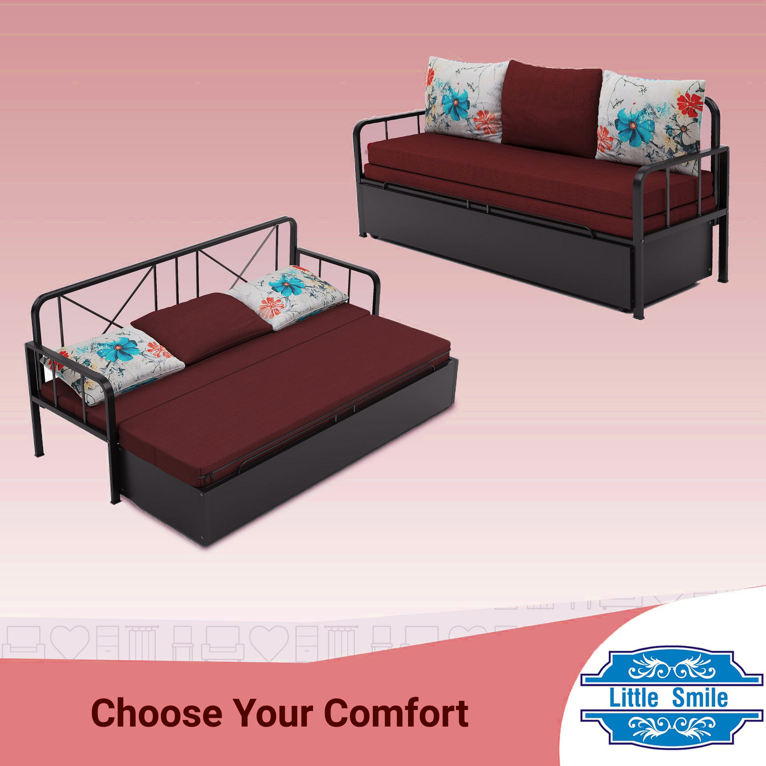 Image of Little Smile With Storage 3 Seater Double Metal Pull Out Sofa Cum Bed