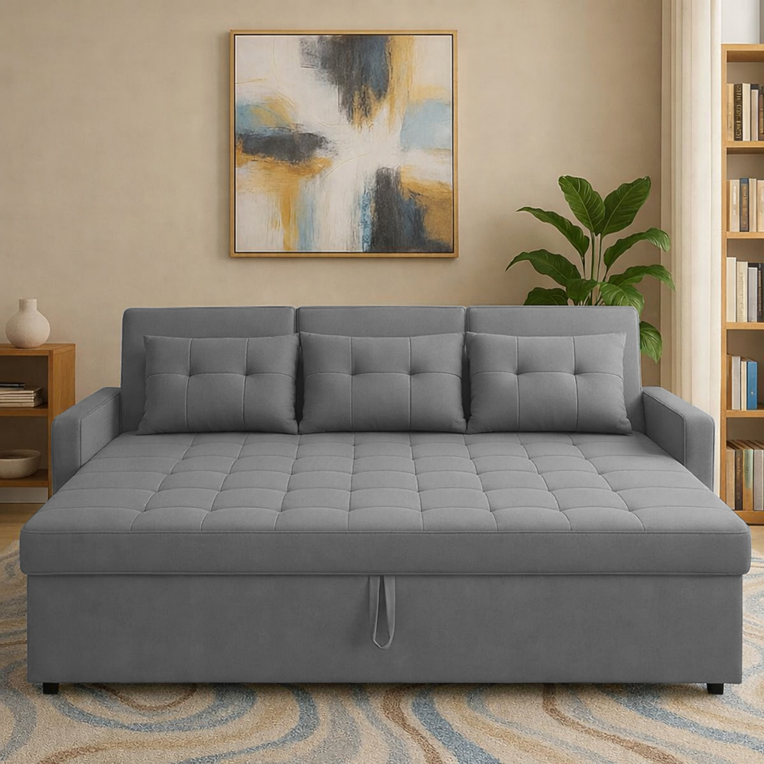 Image of Casaliving Treshta 3 3 Seater Single Solid Wood Pull Out Sofa Cum Bed