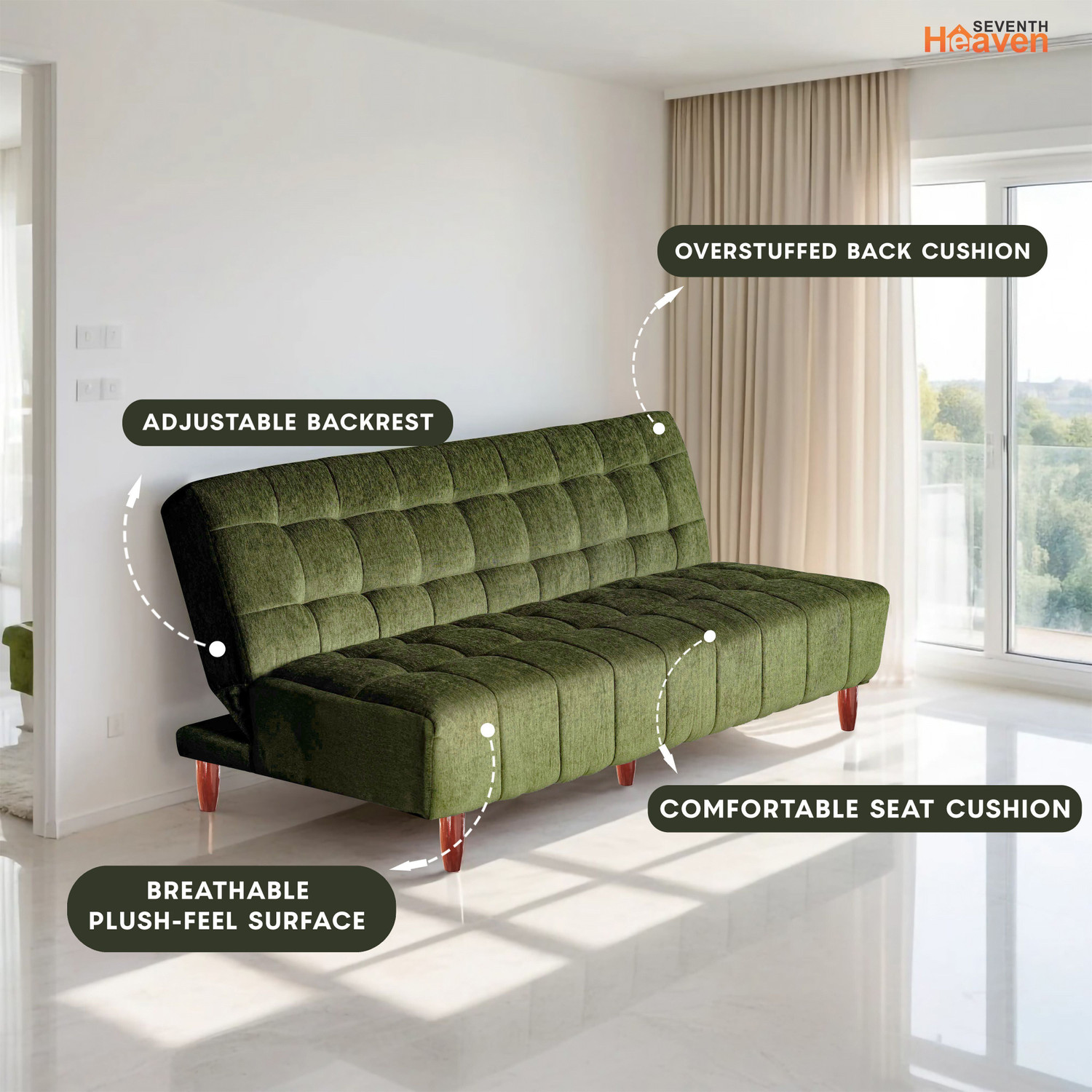 Image of Seventh Heaven Florida, Chenille Molfino Fabric 72x44x16 3 Seater Double Solid Wood Pull Out Sofa Cum Bed