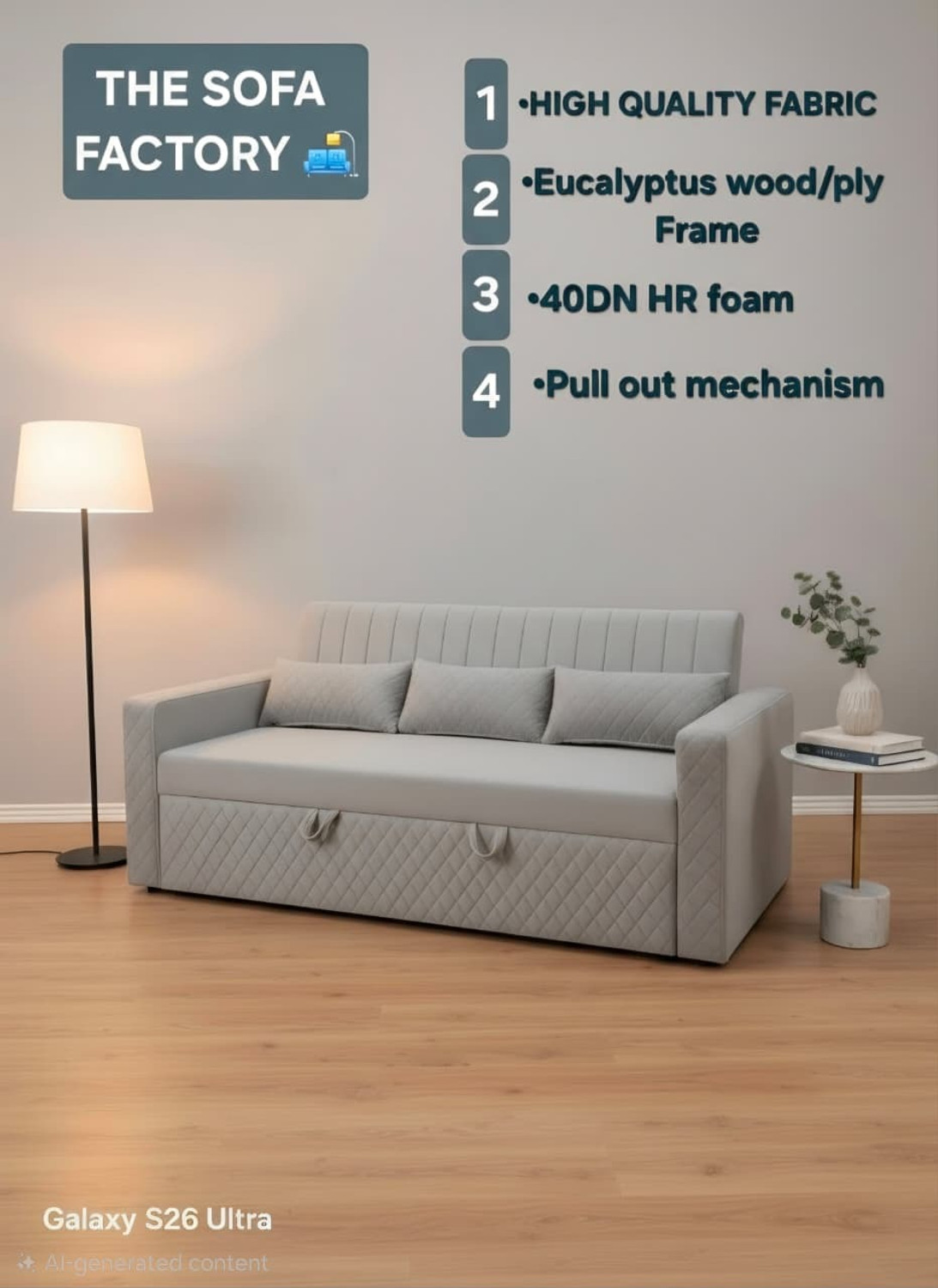 Image of The Sofa Factory 3 Seater Double Solid Wood Pull Out Sofa Cum Bed