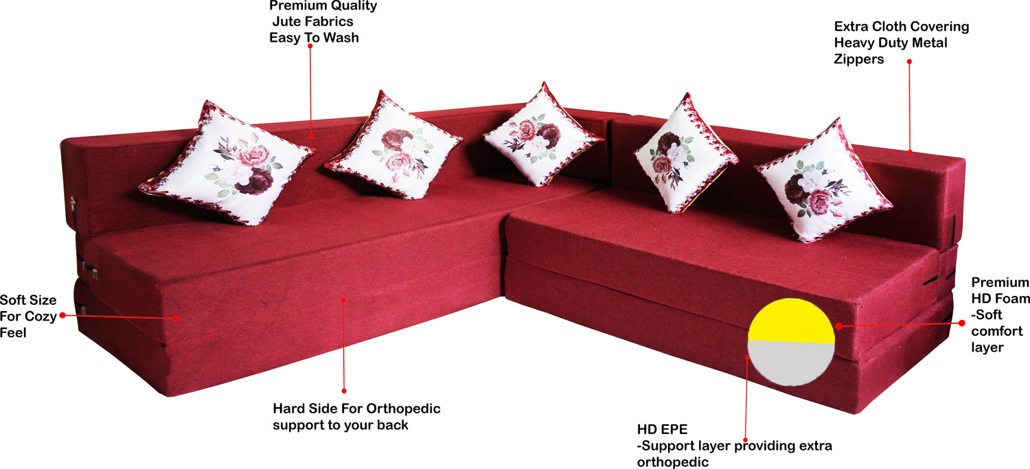 Image of Little Smile L-Shaped 78x60x16 inch- Jute Fabric 4 4 Seater Double Foam Fold Out Sofa Cum Bed