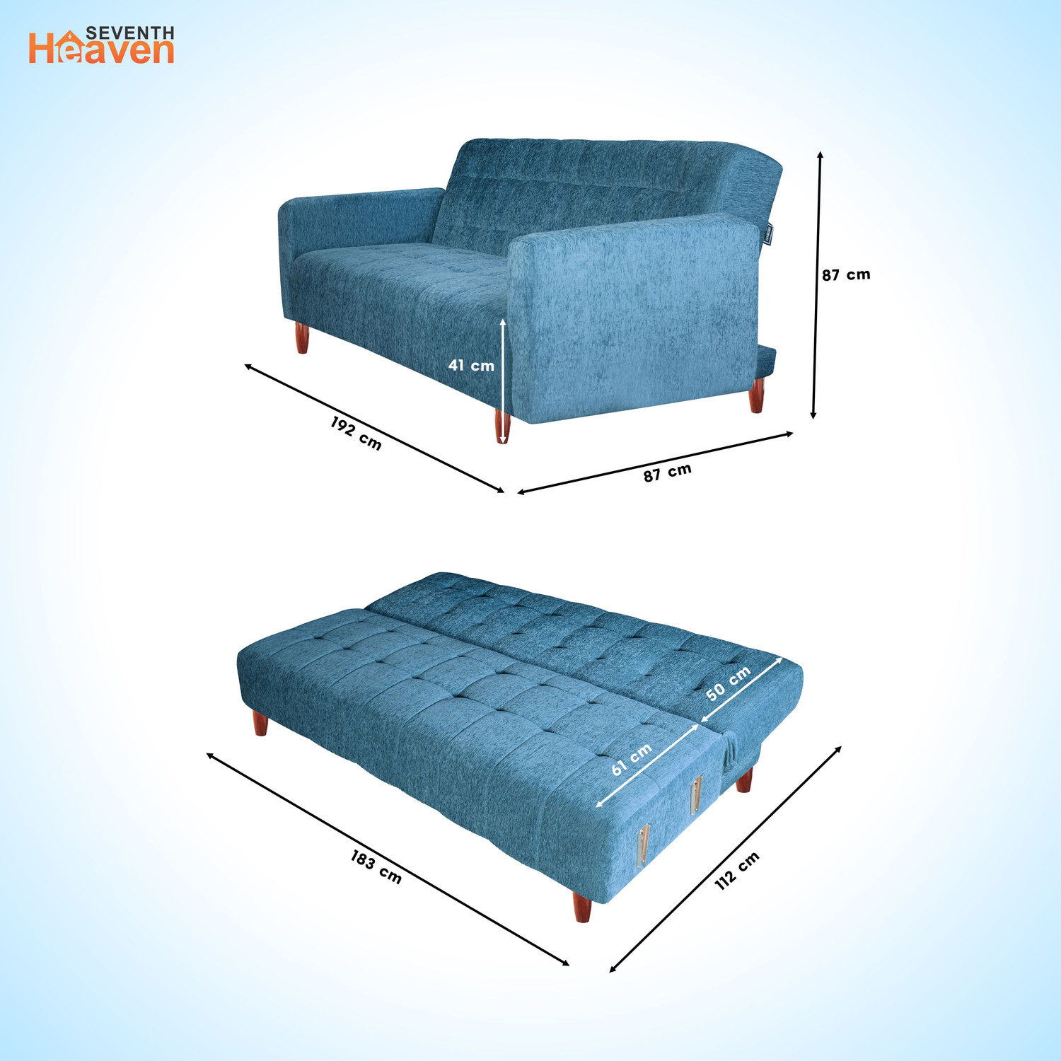 Image of Seventh Heaven Lisbon 3 Seater Wooden Sofa cum Bed, Chenille Molfino Fabric 72x44x16 3 Seater Double Solid Wood Pull Out Sofa Cum Bed