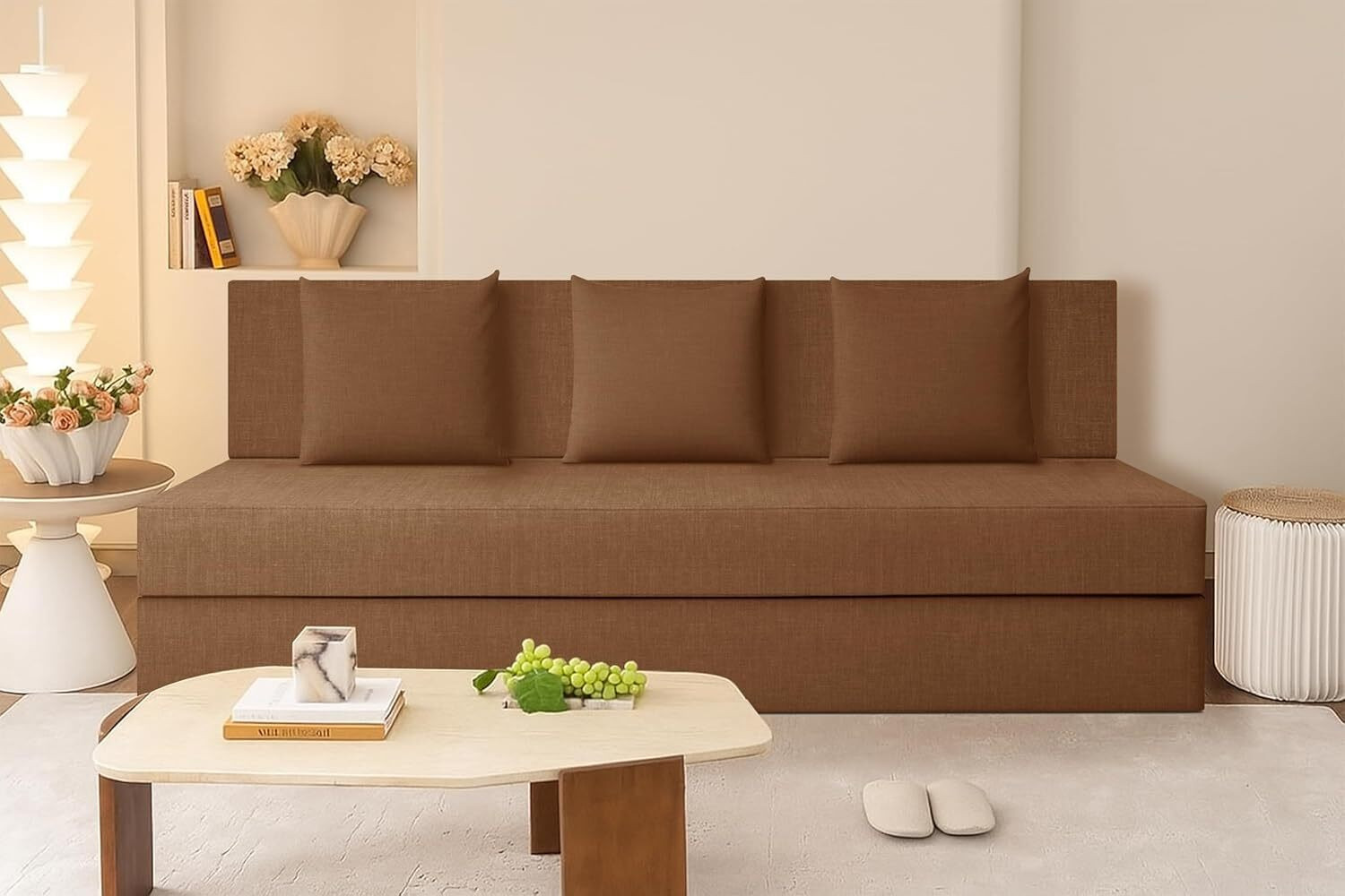 Image of WAKESURE GO Premium Quality Jute Fabric Lightweight Easy 3 Seater Double Foam Fold Out Sofa Cum Bed