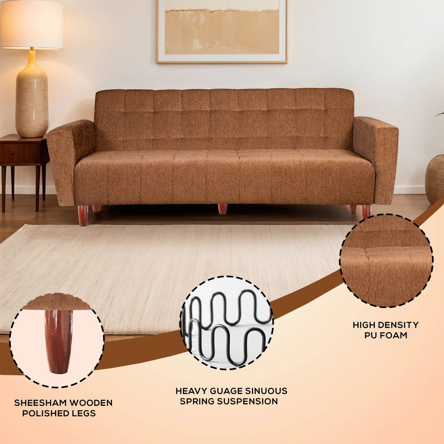Image of Seventh Heaven Lisbon 4 Seater Wooden Sofa cum Bed, Chenille Molfino Fabric 78x44x16 4 Seater Single Solid Wood Pull Out Sofa Cum Bed