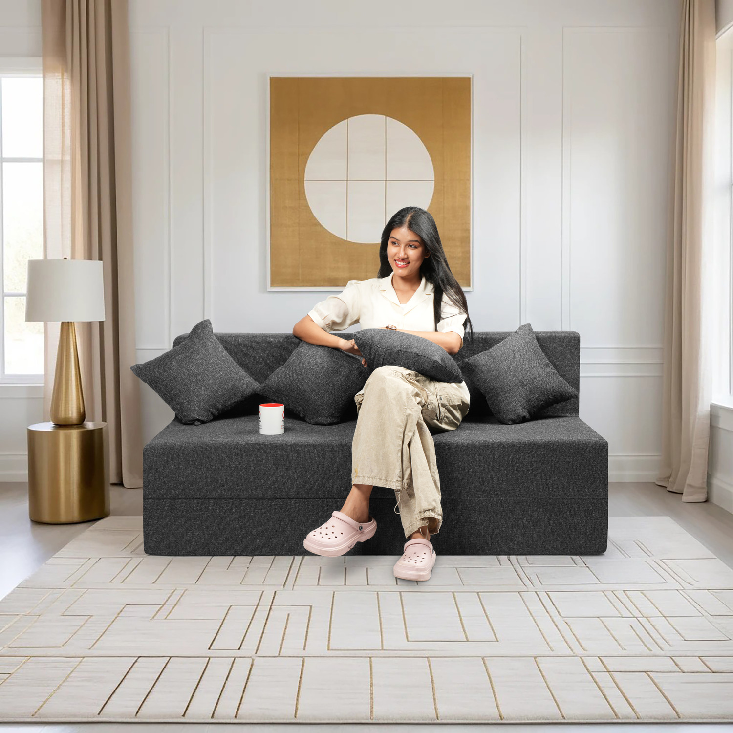 Image of Comfort Mantra 4 Seater 6*6 Jute Fabric Washable Cover Sofa cum Bed with 4 Cushions 4 Seater Double Foam Fold Out Sofa Cum Bed