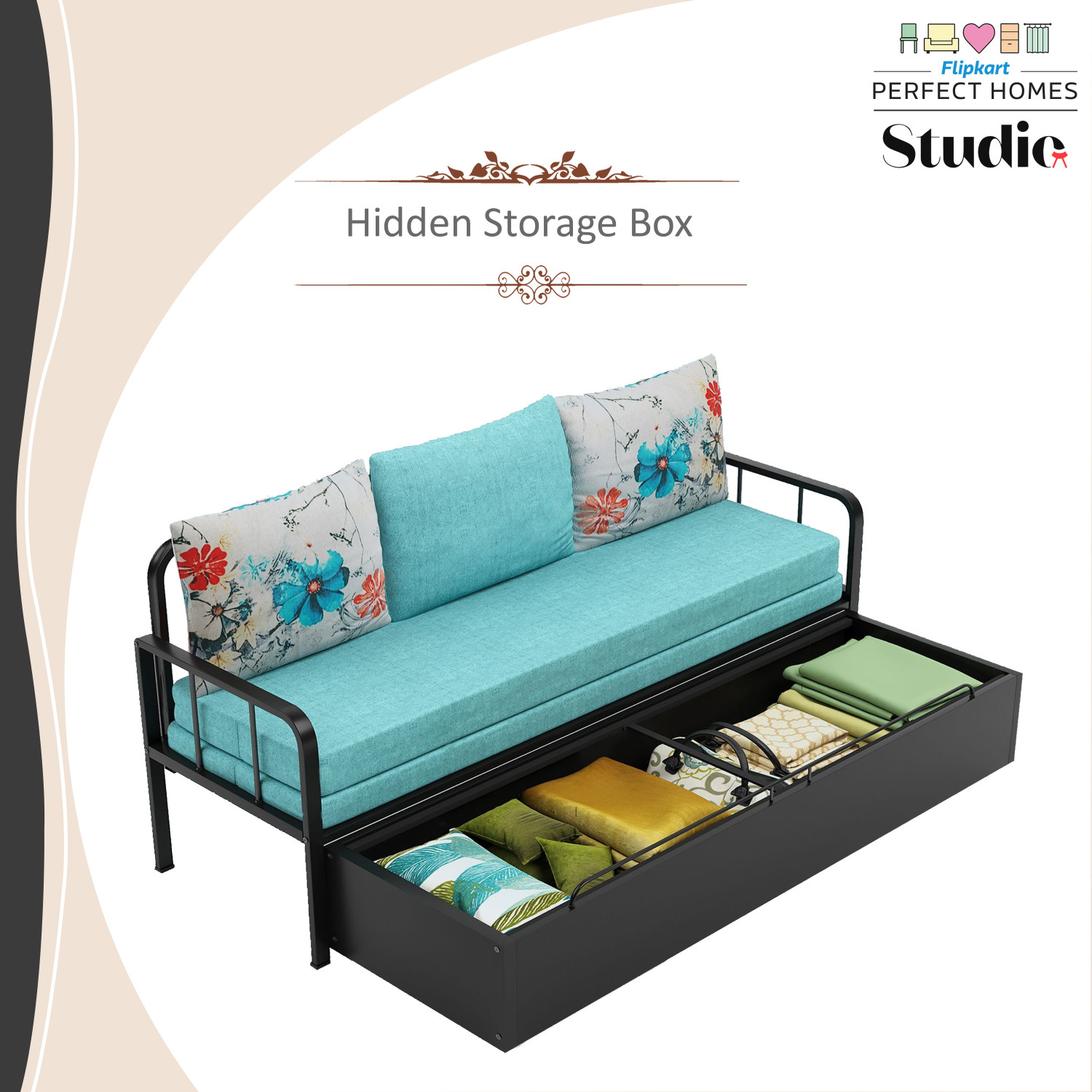 Image of Flipkart Perfect Homes Studio With Storage 3 Seater Double Metal Pull Out Sofa Cum Bed