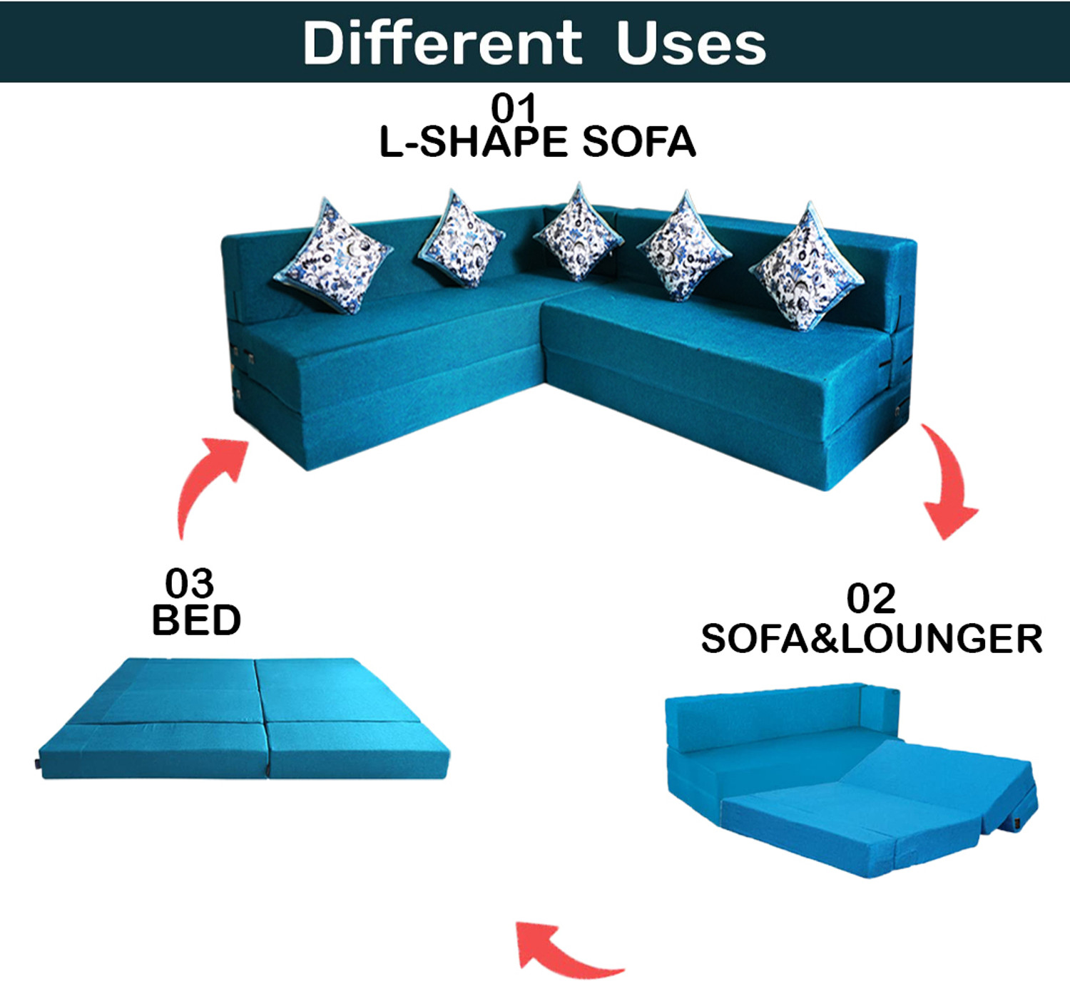 Image of Little Smile L-Shaped 90x72x16 inch- Jute Fabric 5 -sblu 5 Seater Double Foam Fold Out Sofa Cum Bed
