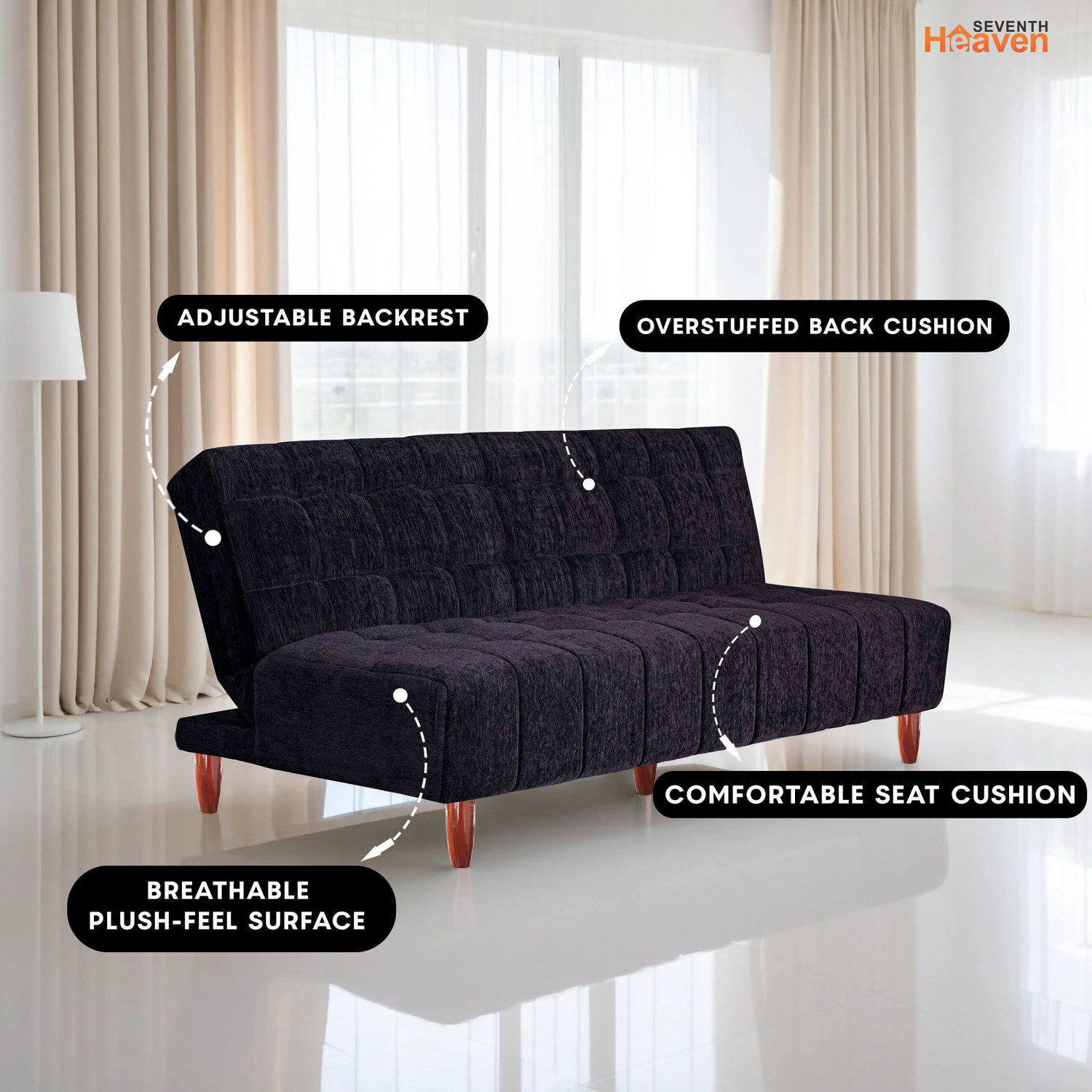 Image of Seventh Heaven Florida 4 Seater Wooden Sofa cum Bed, Chenille Molfino Fabric 78x44x16 4 Seater Single Solid Wood Pull Out Sofa Cum Bed