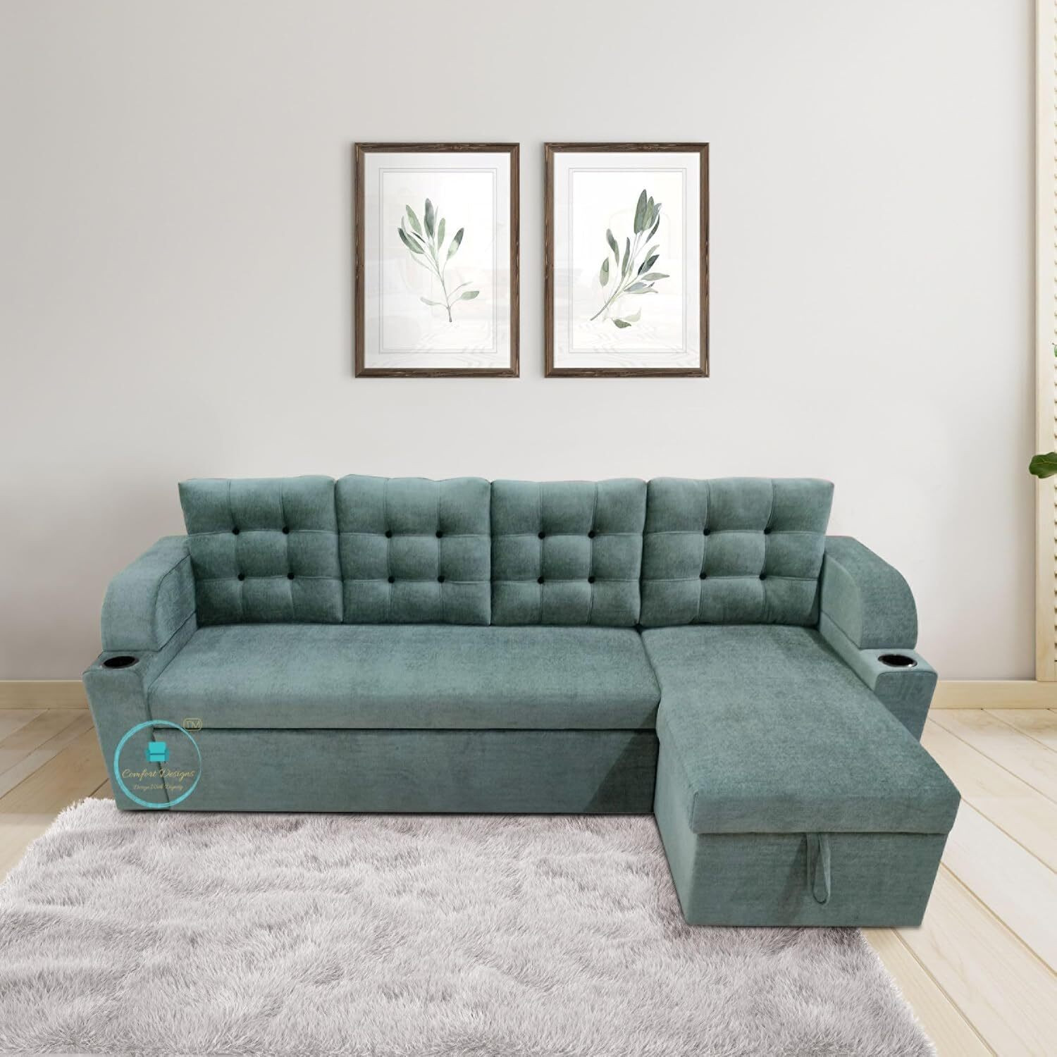 Image of CASPIAN L Shape Sofa Cum Double Bed (Left lounger) with Storage for Home & Living Room 5 Seater Double Solid Wood Pull Out Sofa Cum Bed