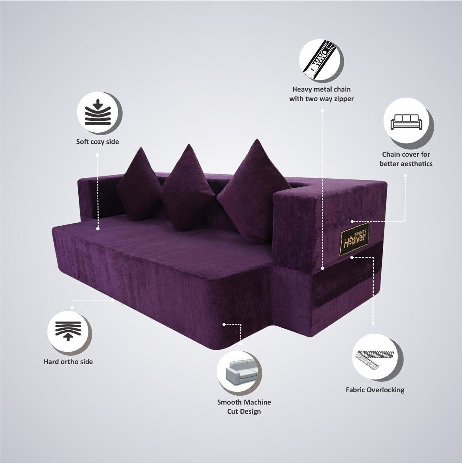 Image of Seventh Heaven 3 Seater 72x44x10 Low Floor, Chenille Molfino Fabric 3 Cushions 3 Seater Double Foam Fold Out Sofa Cum Bed
