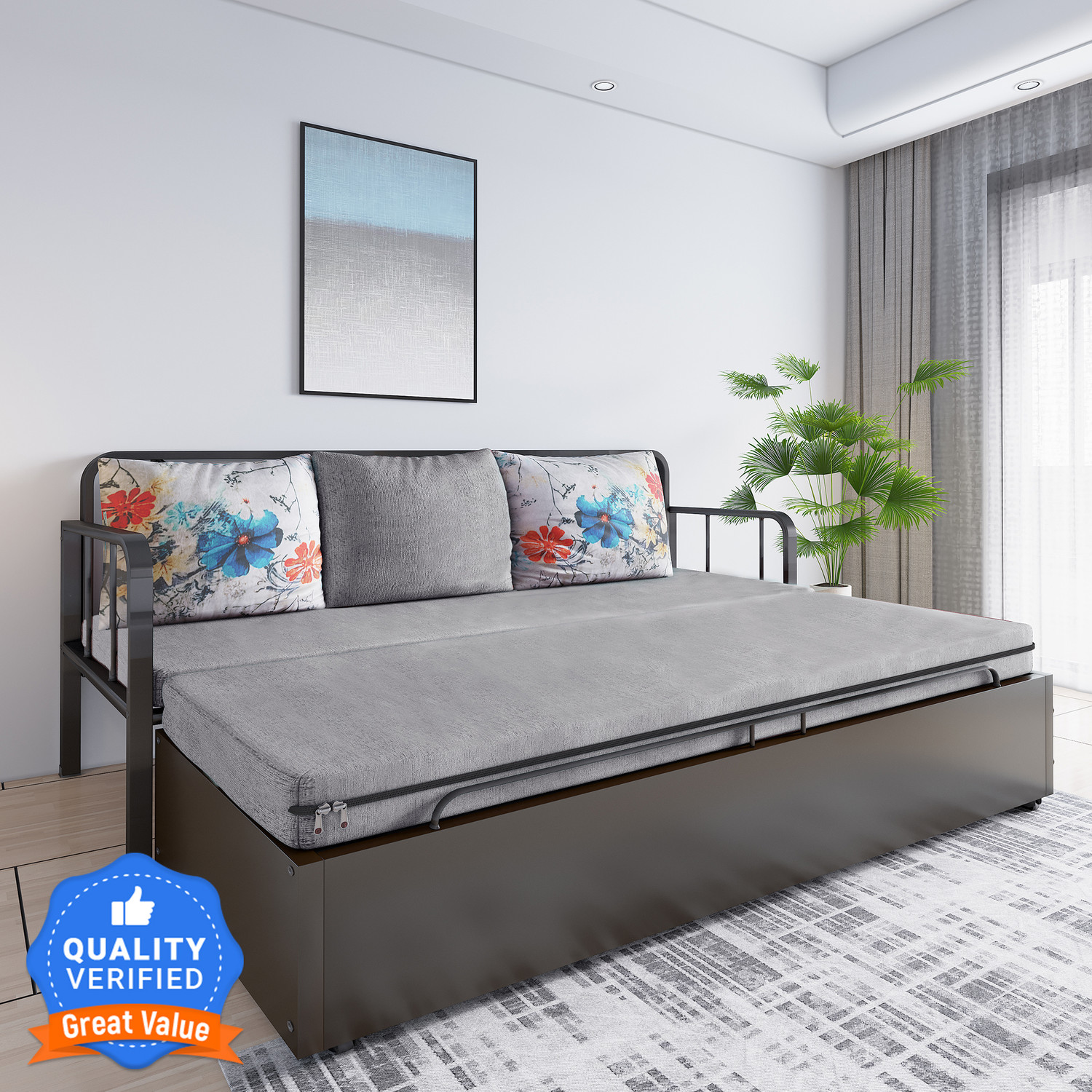 Image of Flipkart Perfect Homes Studio With Storage 3 Seater Double Metal Pull Out Sofa Cum Bed