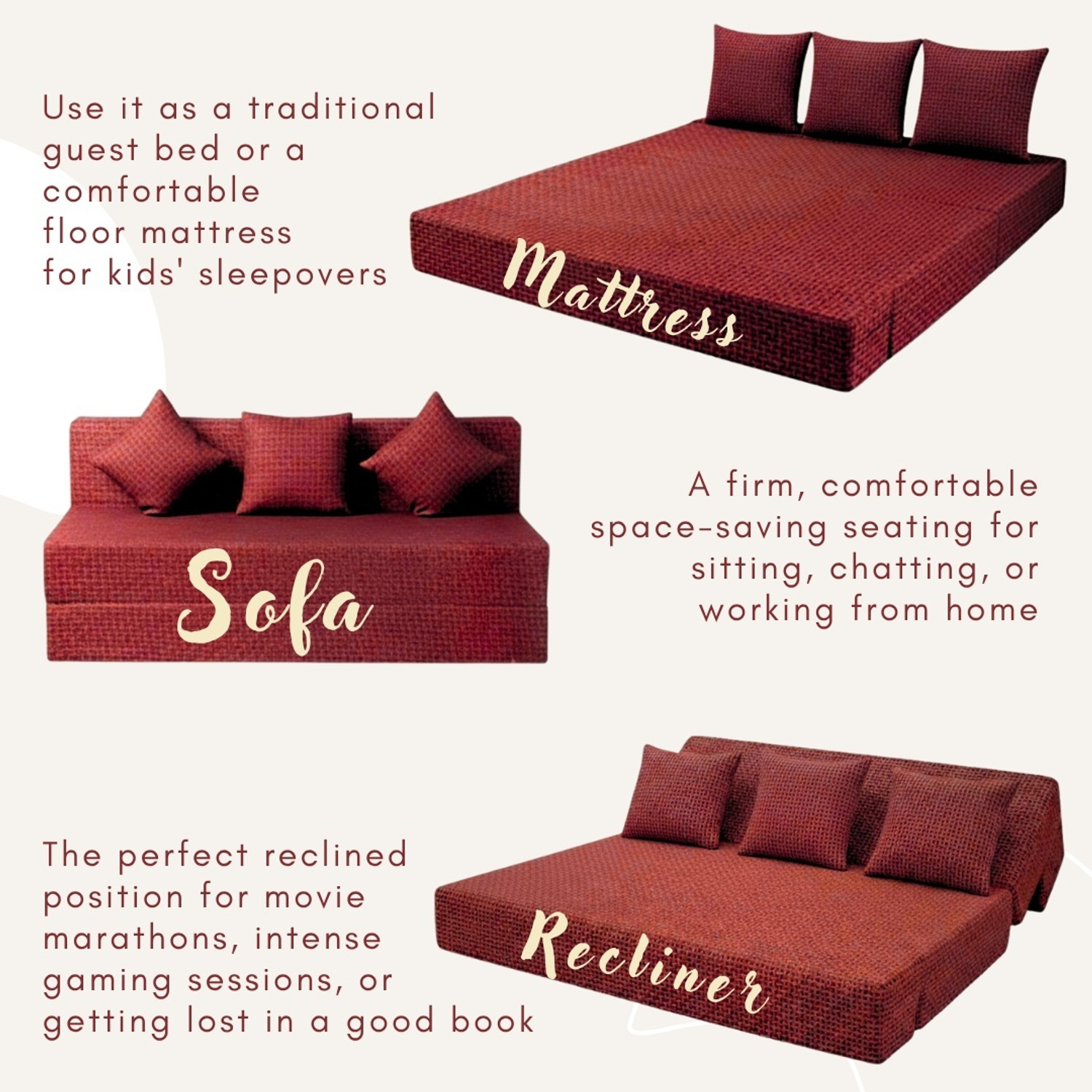 Image of DozeIQ Premium Sofa Cum Bed 3-in-1 Foldable Sofa-Bed High-Density Foam Washable Cover 3 Seater Double Foam Pull Out Sofa Cum Bed
