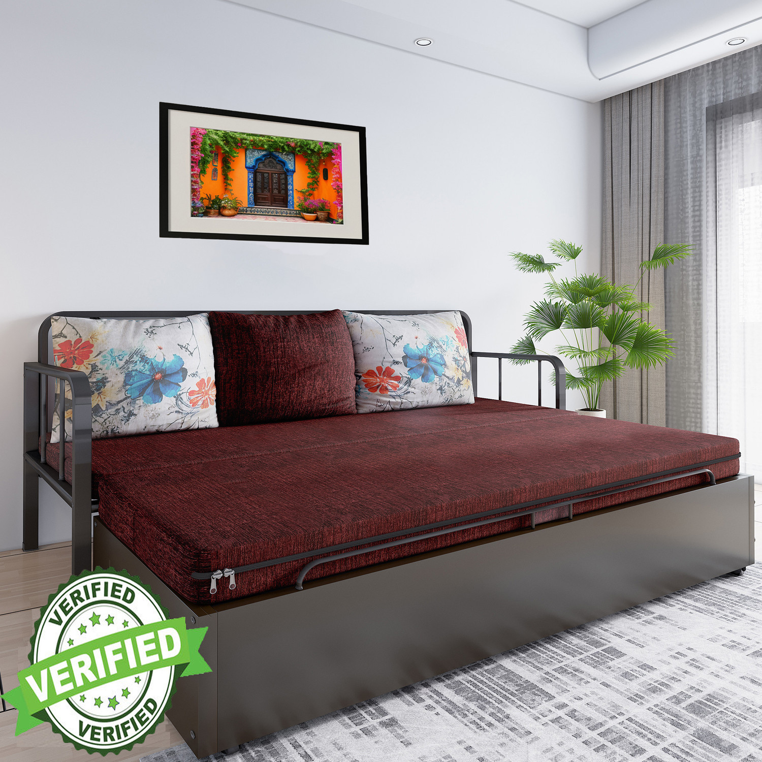 Image of Little Smile With Storage 3 Seater Double Metal Pull Out Sofa Cum Bed