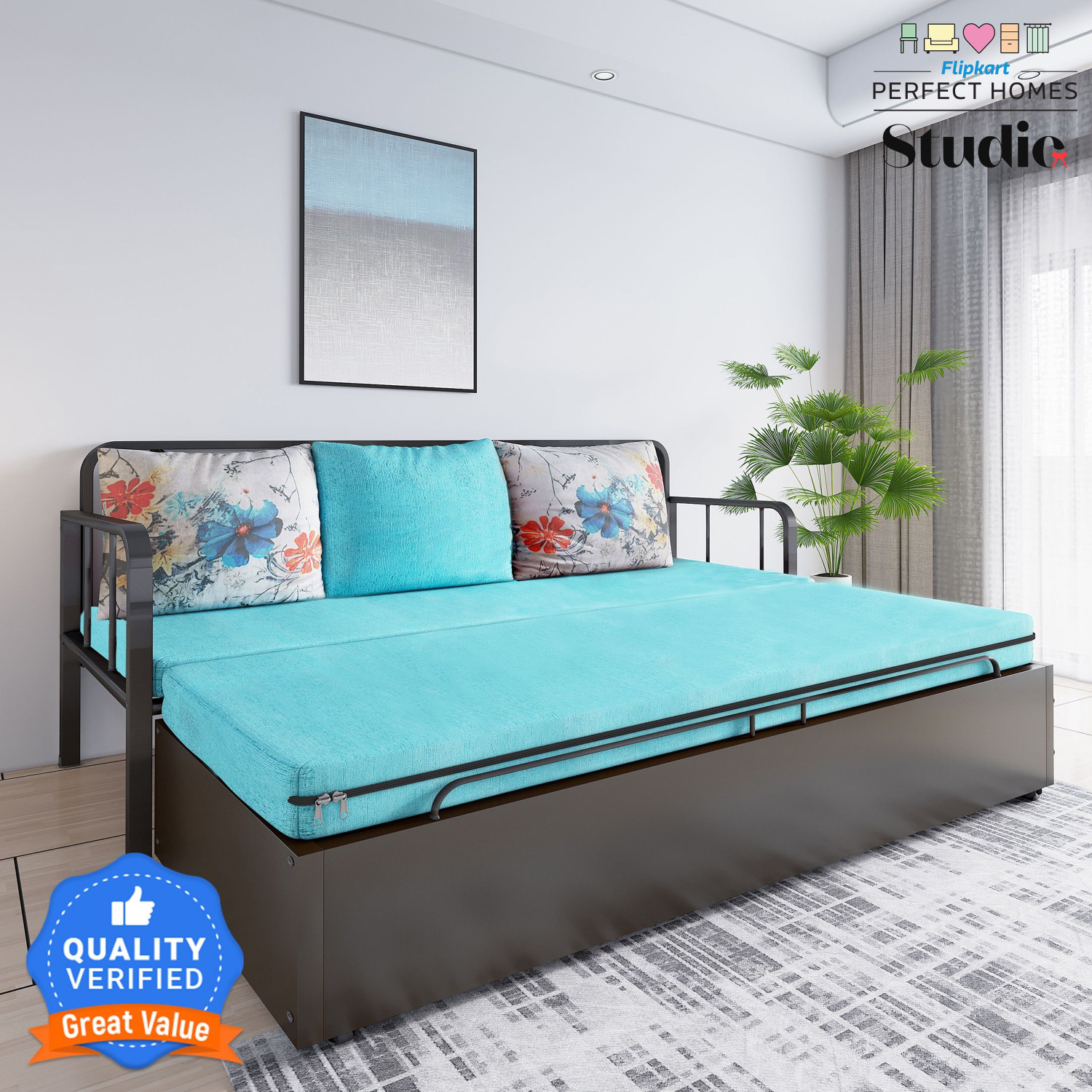 Image of Flipkart Perfect Homes Studio With Storage 3 Seater Double Metal Pull Out Sofa Cum Bed