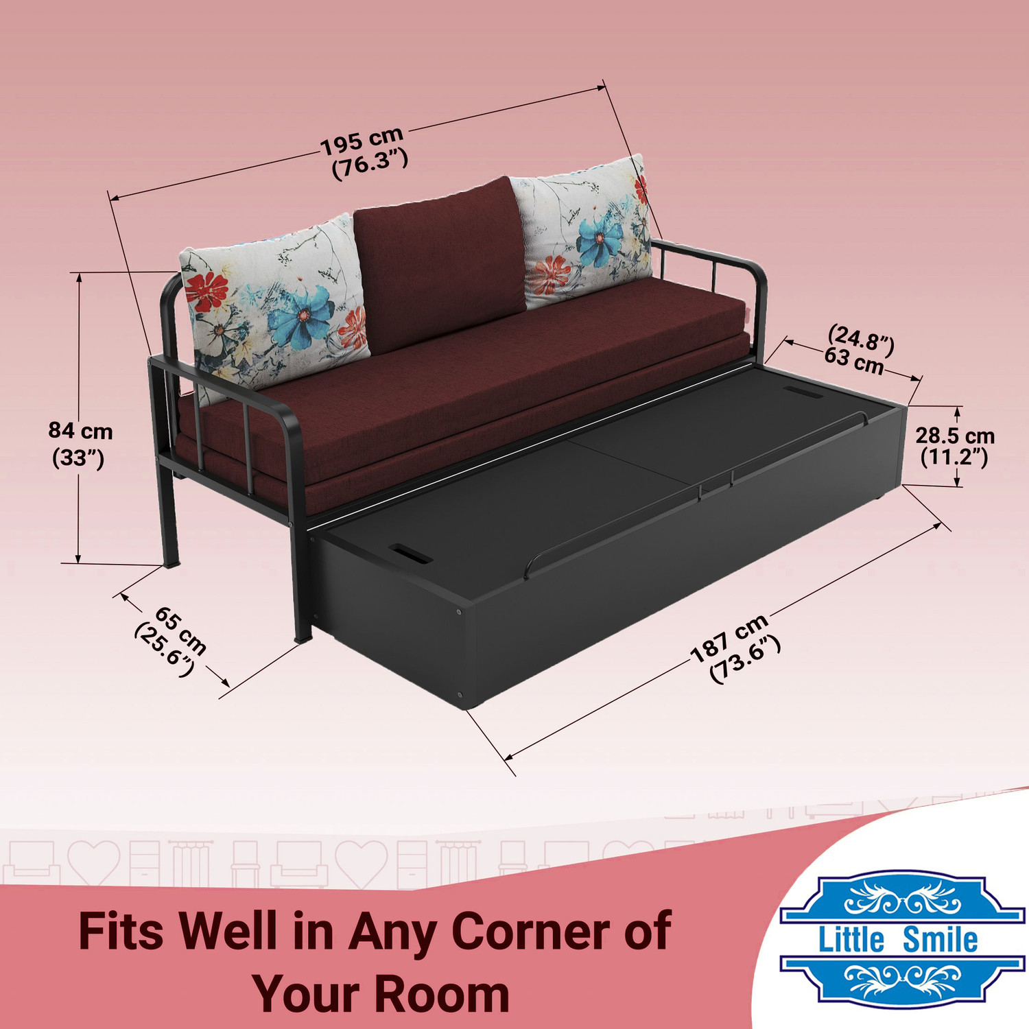 Image of Little Smile With Storage 3 Seater Double Metal Pull Out Sofa Cum Bed
