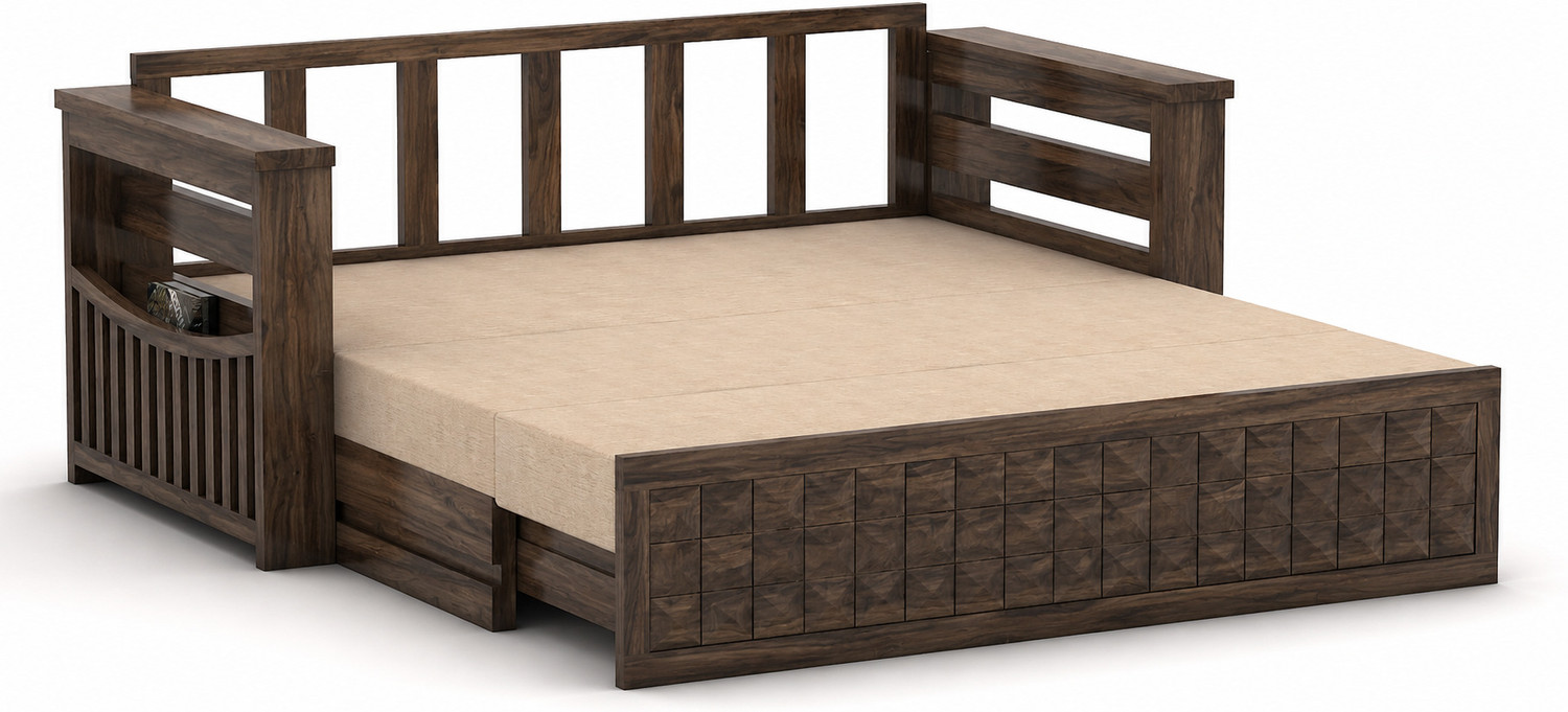 Image of Devsignature Sheesham Wood 3 Seater Sofa Cum Bed with Headboard /wooden Mini Storage Sofa Bed 3 Seater Double Solid Wood Pull Out Sofa Cum Bed
