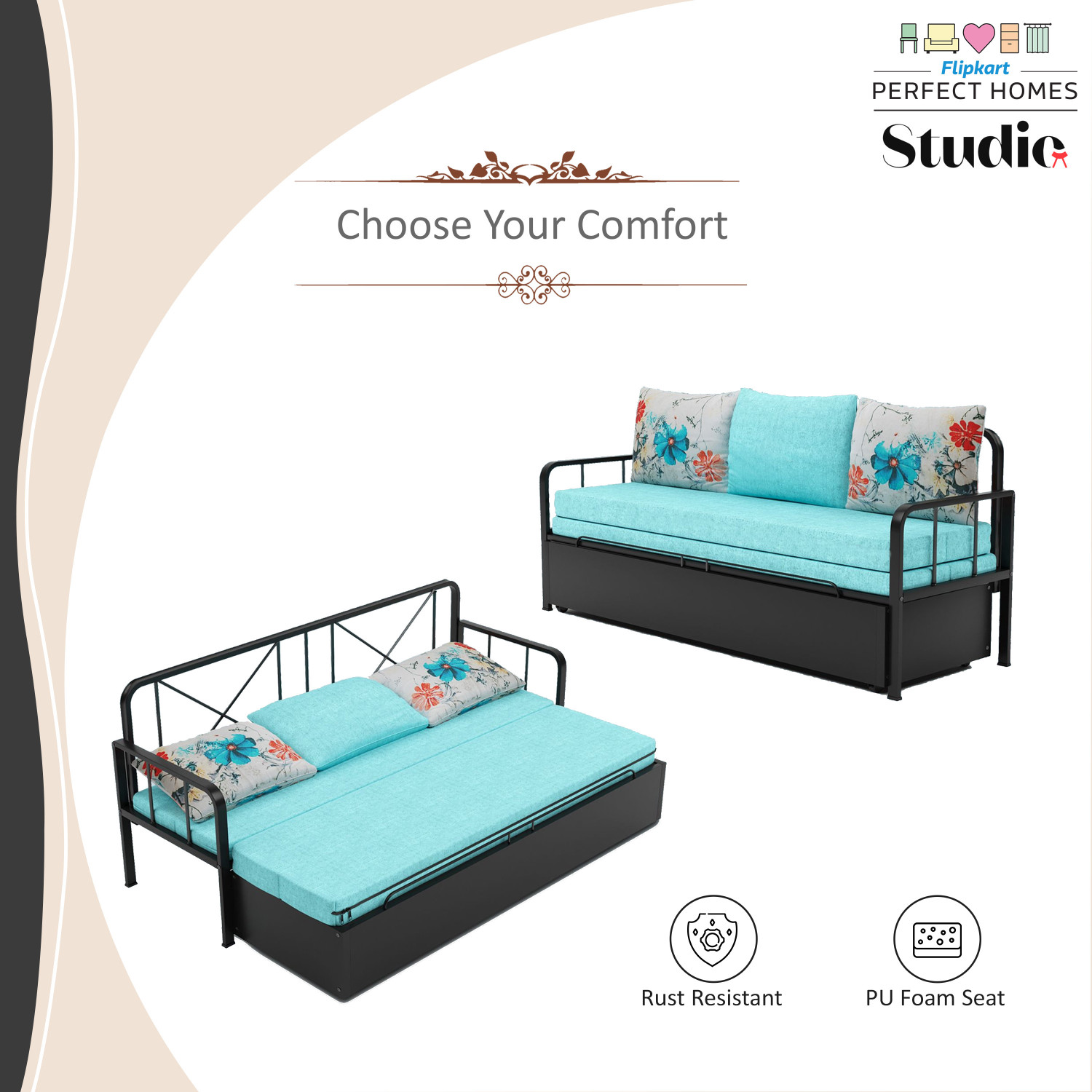 Image of Flipkart Perfect Homes Studio With Storage 3 Seater Double Metal Pull Out Sofa Cum Bed
