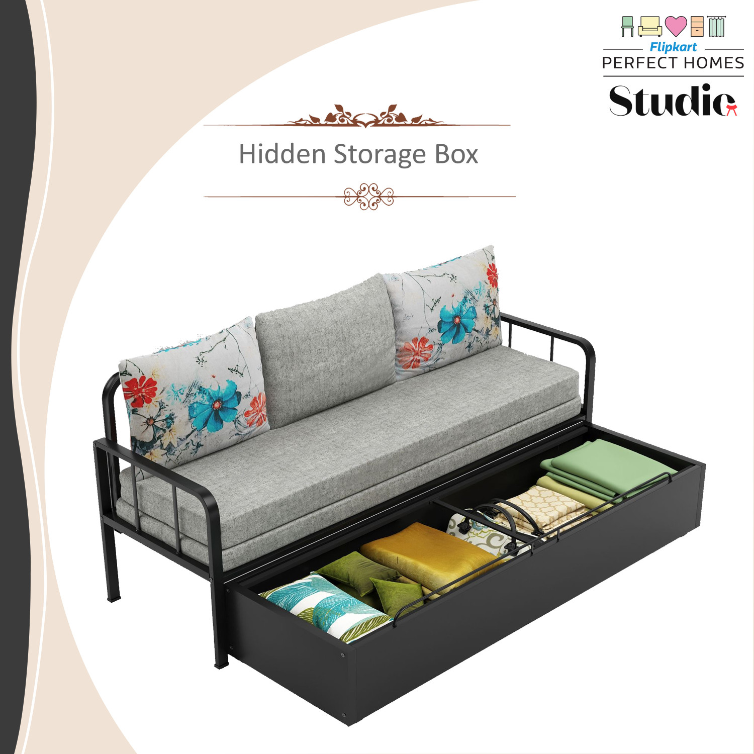 Image of Flipkart Perfect Homes Studio With Storage 3 Seater Double Metal Pull Out Sofa Cum Bed