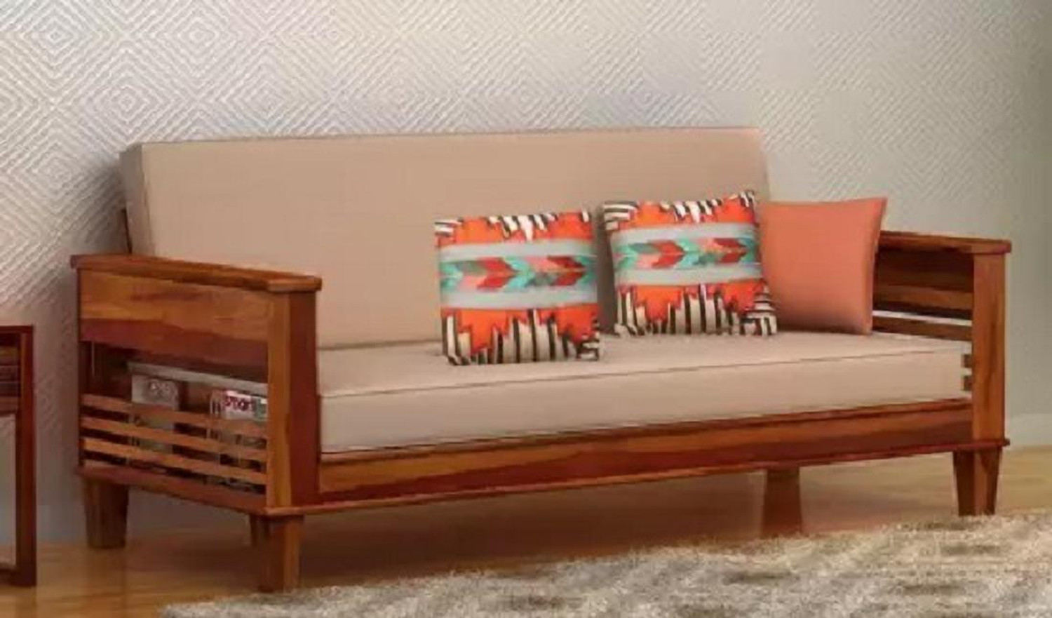 Image of Suncrown Furniture Sheesham Wood for Living Room Honey Finish 3 Seater Single Solid Wood Pull Out Sofa Cum Bed