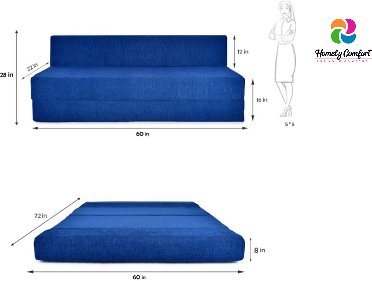 Image of msshah 5x6 size Moshi Fabric Washable Cover 3 Seater Double Foam Fold Out Sofa Cum Bed