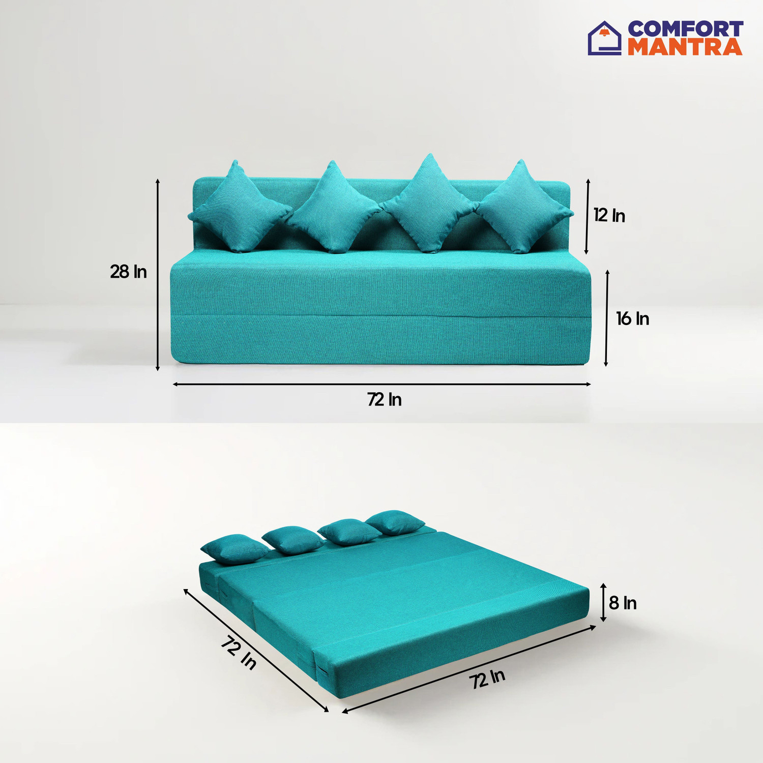 Image of Comfort Mantra Comfort Mantra 6*6 Jute Fabric Washable Cover with 4 Cushions 4 Seater Double Foam Fold Out Sofa Cum Bed