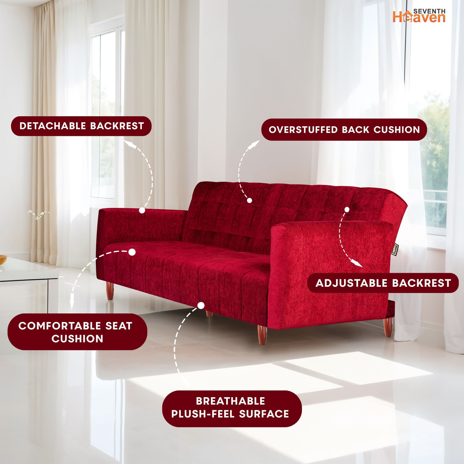 Image of Seventh Heaven Lisbon 4 Seater Wooden Sofa cum Bed, Chenille Molfino Fabric 78x44x16 4 Seater Single Solid Wood Pull Out Sofa Cum Bed