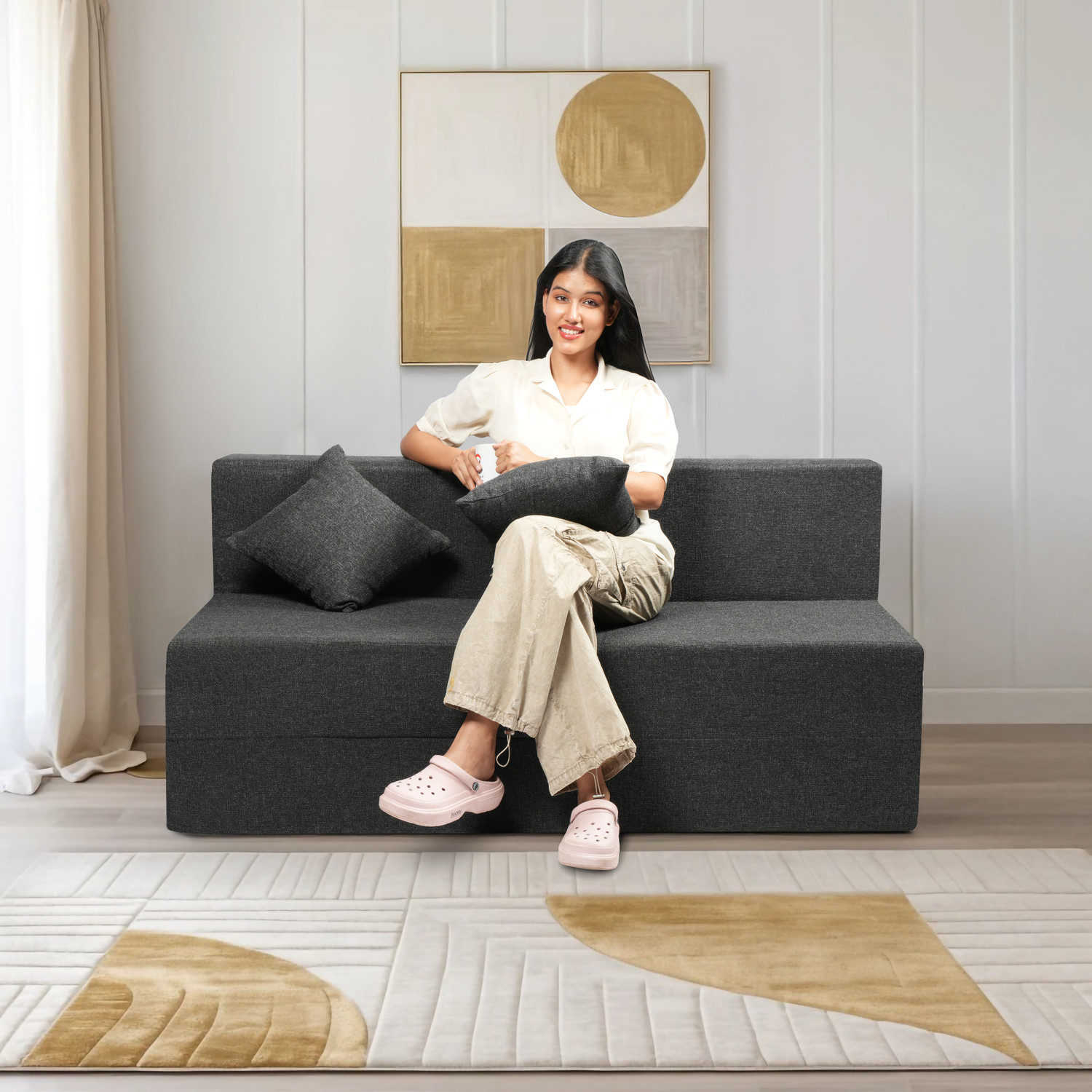 Image of Comfort Mantra 3 Seater 6*5 Jute Fabric Washable Cover Sofa cum Bed with 2 Cushions 3 Seater Double Foam Fold Out Sofa Cum Bed