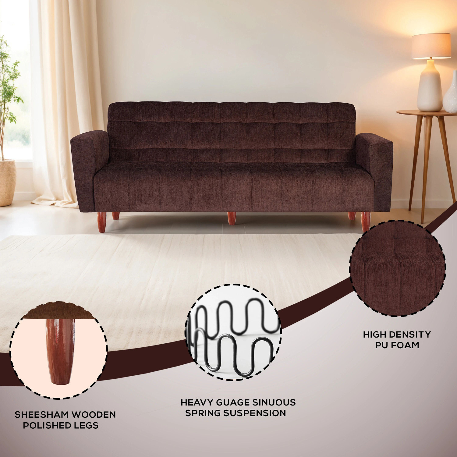Image of Seventh Heaven Lisbon 4 Seater Wooden Sofa cum Bed, Chenille Molfino Fabric 78x44x16 4 Seater Single Solid Wood Pull Out Sofa Cum Bed