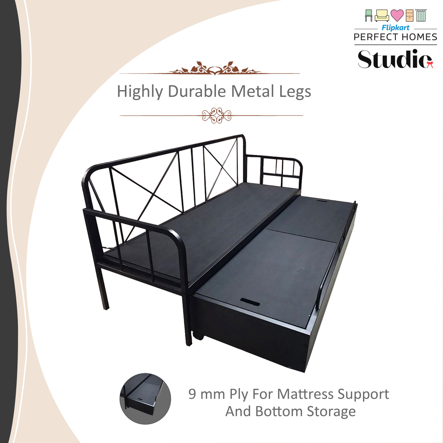 Image of Flipkart Perfect Homes Studio With Storage 3 Seater Double Metal Pull Out Sofa Cum Bed