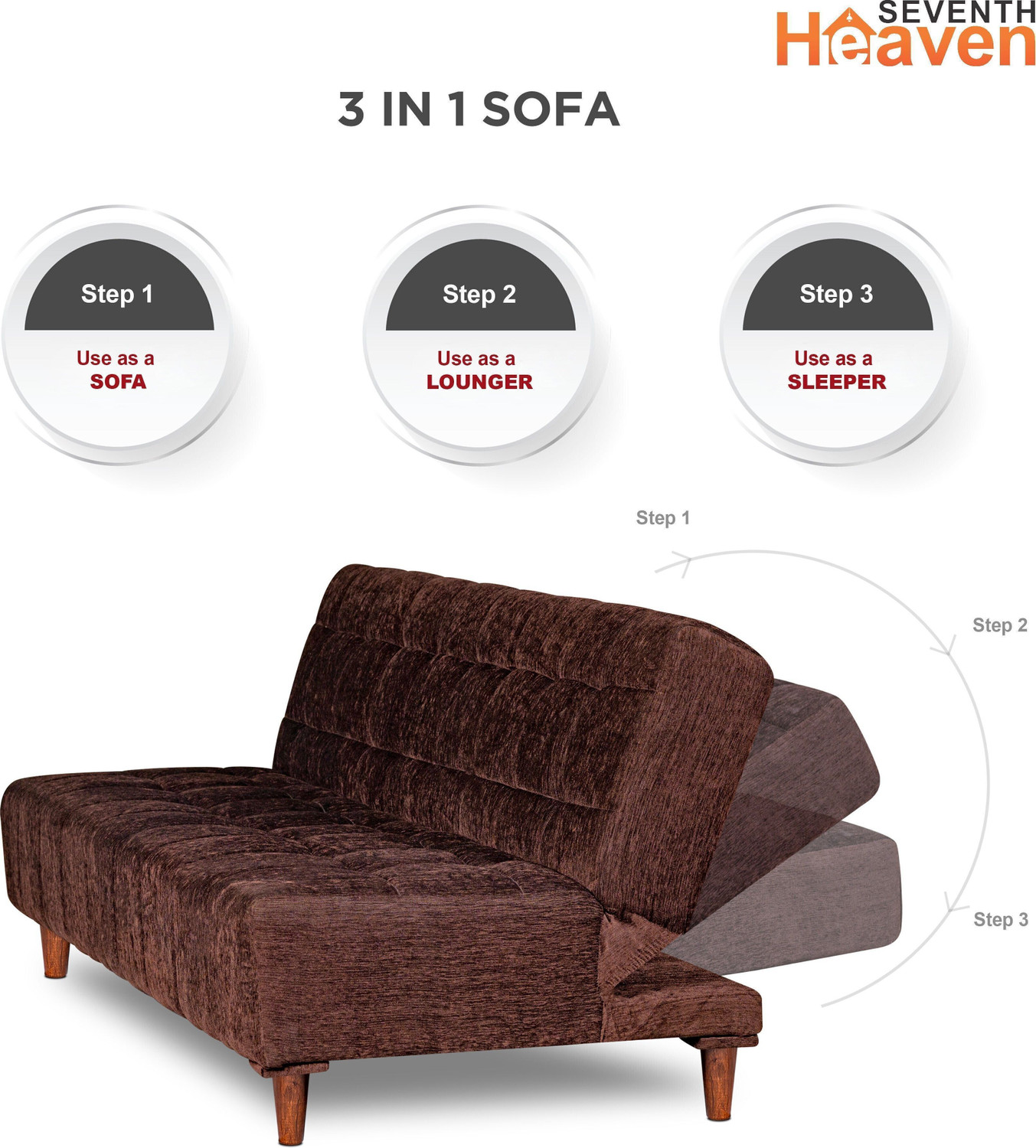 Image of Seventh Heaven Florida, Chenille Molfino Fabric 72x44x16 3 Seater Double Solid Wood Pull Out Sofa Cum Bed