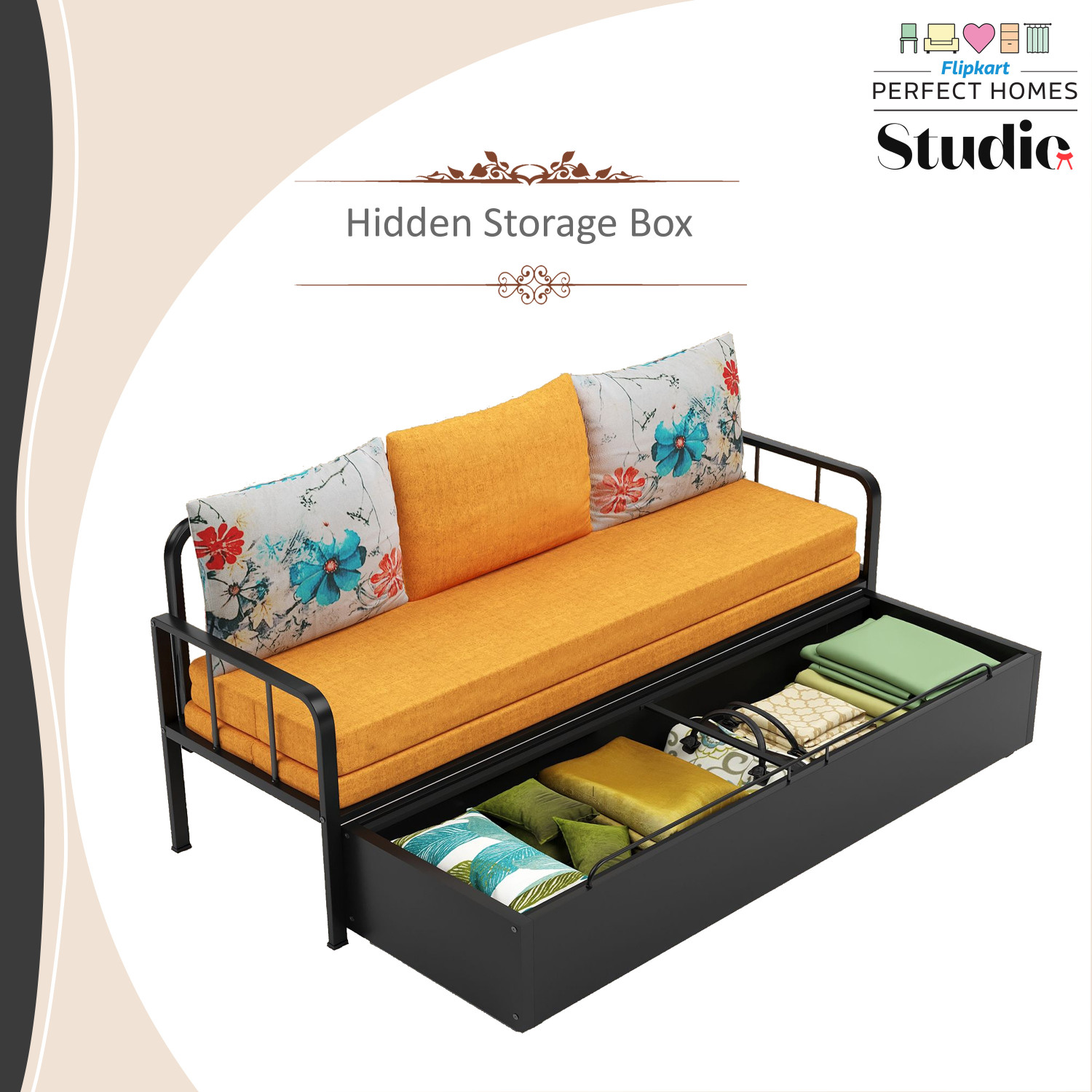 Image of Flipkart Perfect Homes Studio With Storage 3 Seater Double Metal Pull Out Sofa Cum Bed