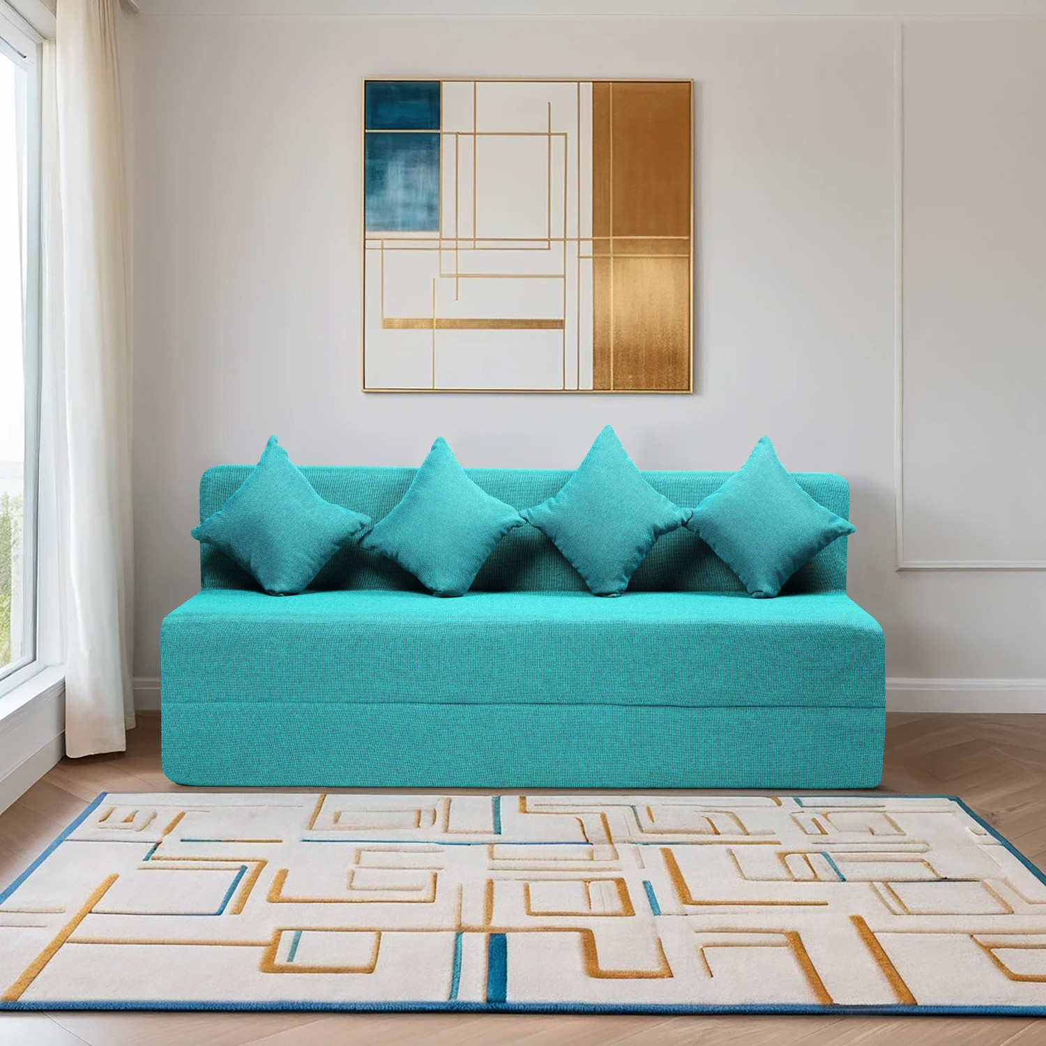 Image of Comfort Mantra Comfort Mantra 6*6 Jute Fabric Washable Cover with 4 Cushions 4 Seater Double Foam Fold Out Sofa Cum Bed