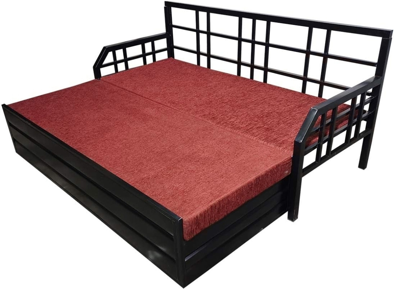 Image of The Amma Enterprises 6x6 Red Mattress 3 Seater Double Metal Pull Out Sofa Cum Bed
