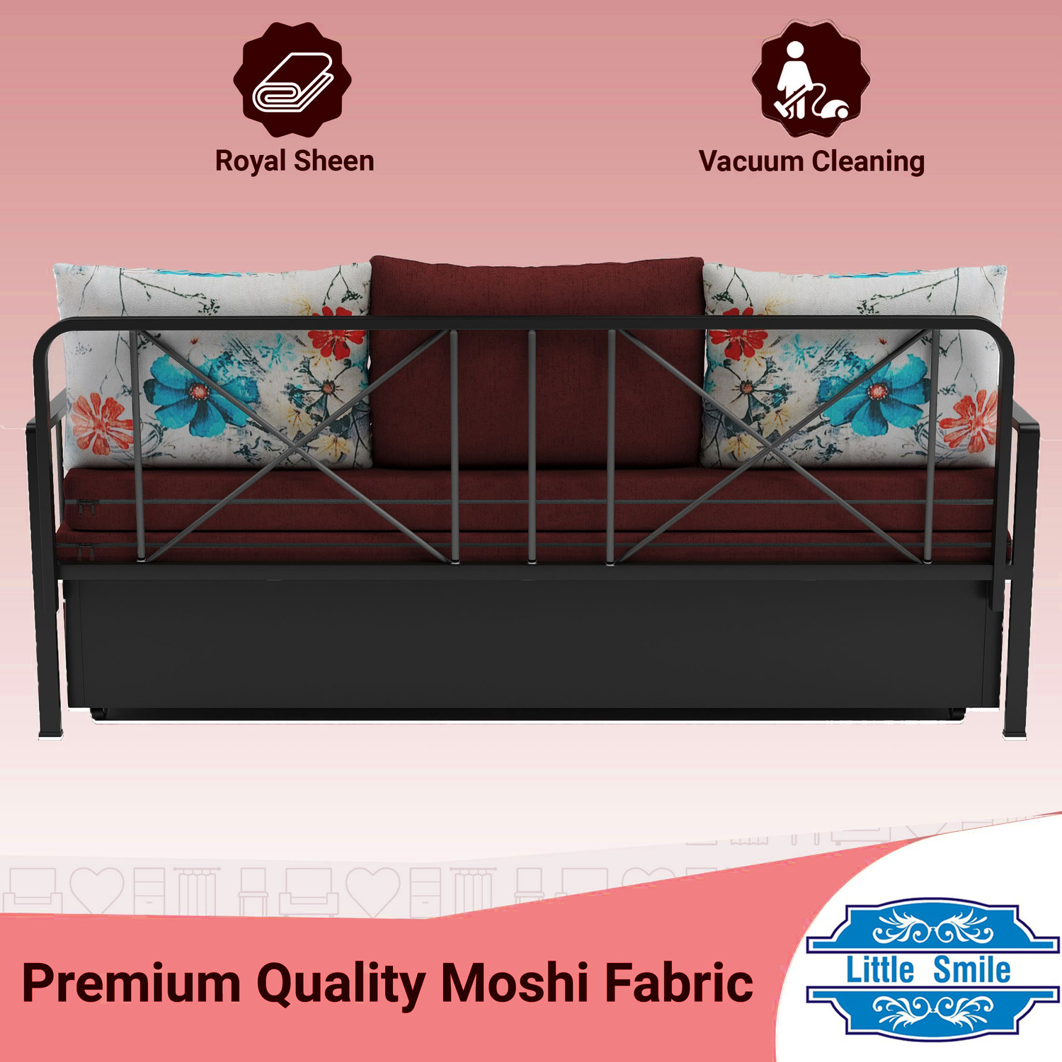 Image of Little Smile With Storage 3 Seater Double Metal Pull Out Sofa Cum Bed